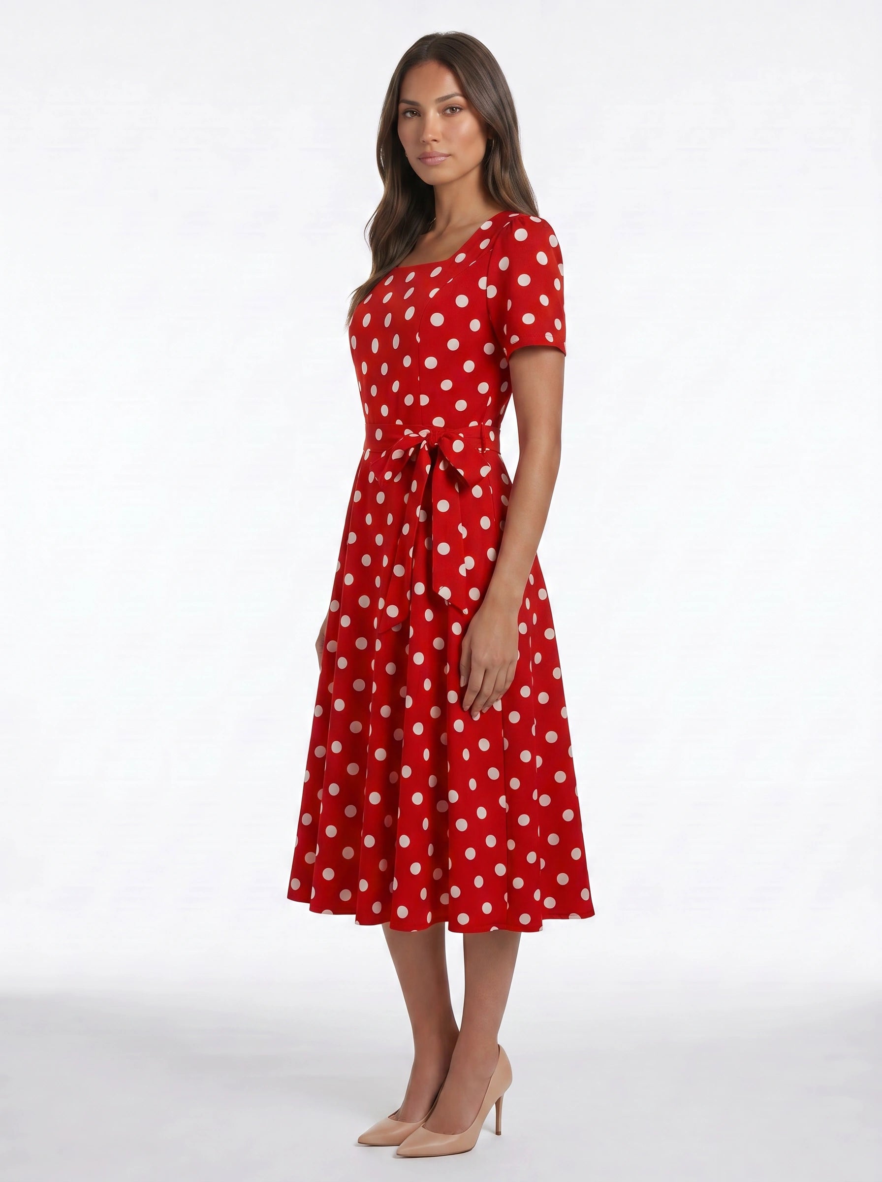 Dotara Polka Dot Midi Dress – Vintage Retro Style Women Square Neck Belted Fit Flare Midi Dress