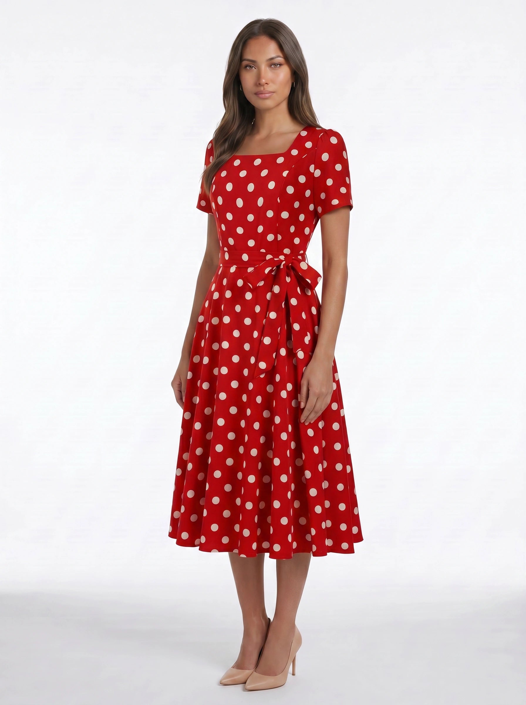 Dotara Polka Dot Midi Dress – Vintage Retro Style Women Square Neck Belted Fit Flare Midi Dress
