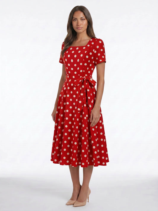 Dotara Polka Dot Midi Dress – Vintage Retro Style Women Square Neck Belted Fit Flare Midi Dress