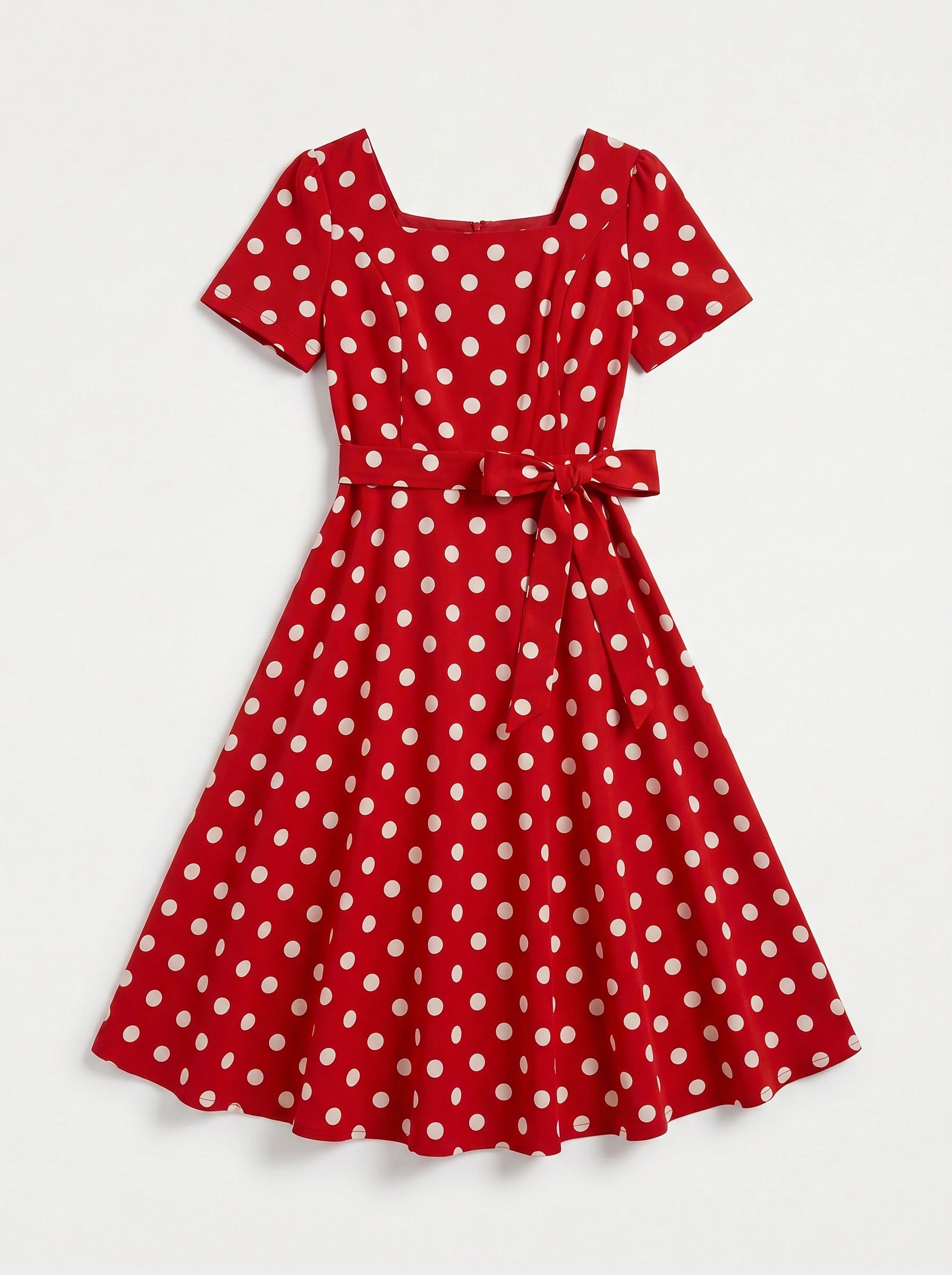 Dotara Polka Dot Midi Dress – Vintage Retro Style Women Square Neck Belted Fit Flare Midi Dress