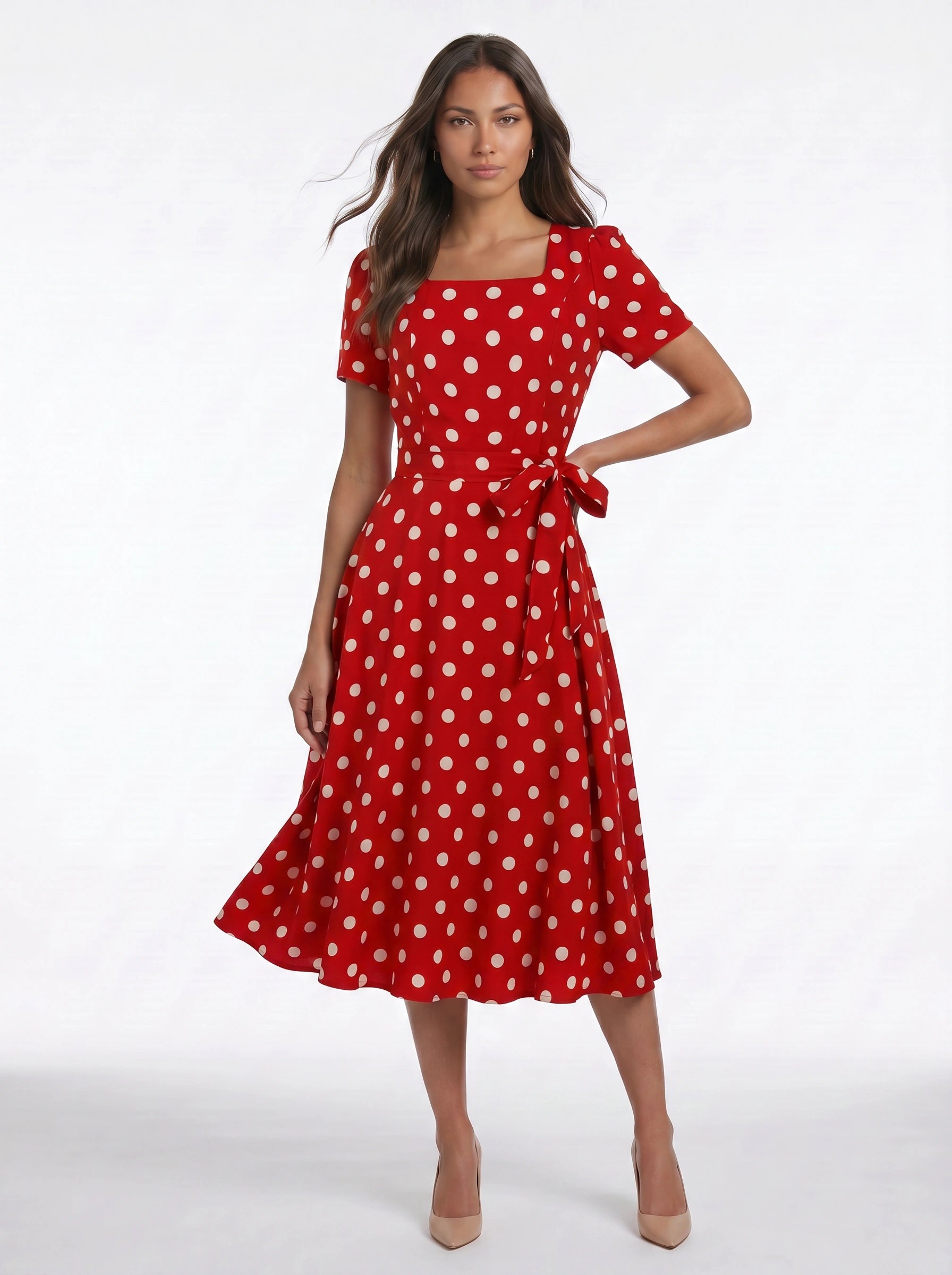 Dotara Polka Dot Midi Dress – Vintage Retro Style Women Square Neck Belted Fit Flare Midi Dress