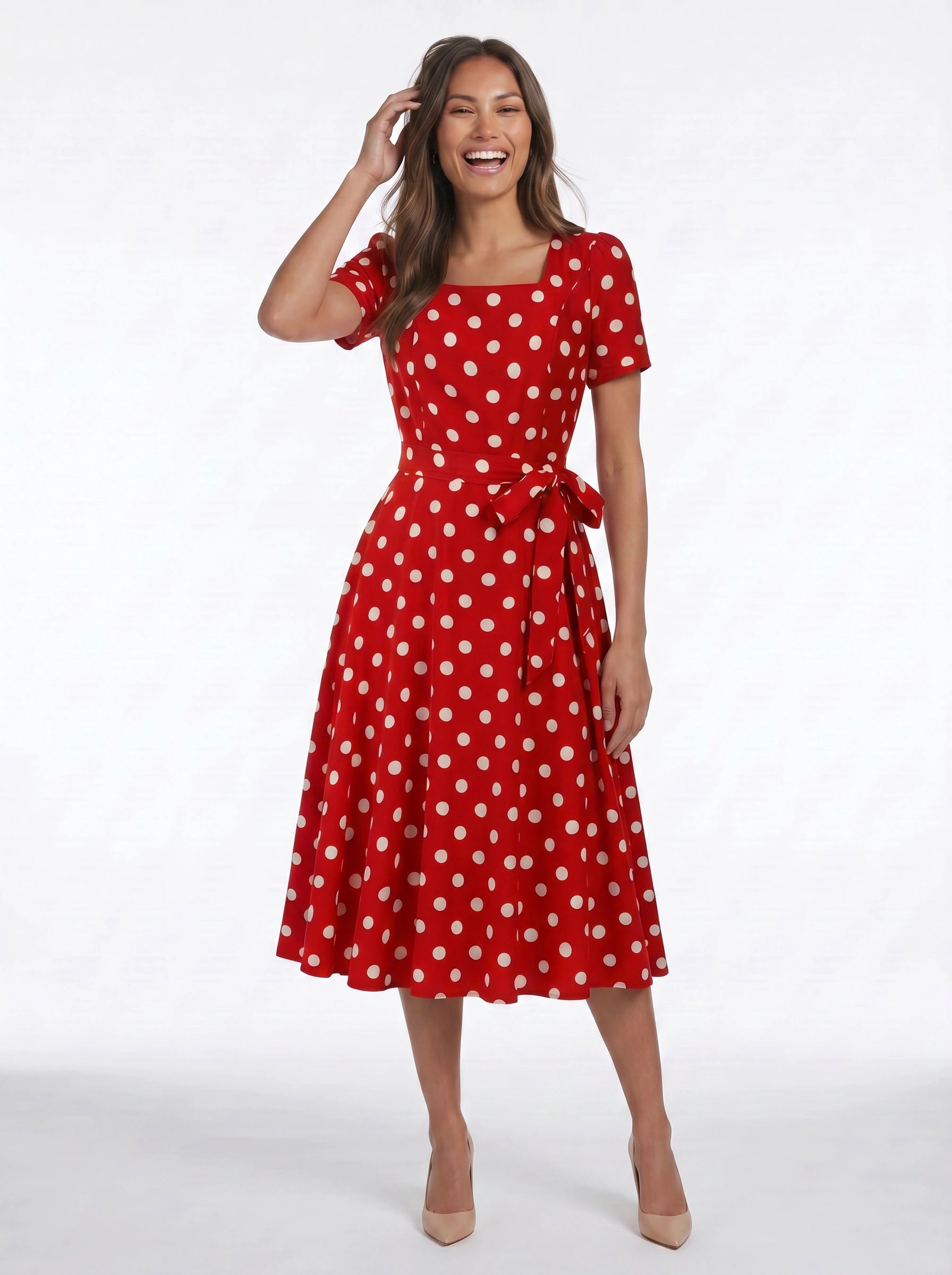 Dotara Polka Dot Midi Dress – Vintage Retro Style Women Square Neck Belted Fit Flare Midi Dress