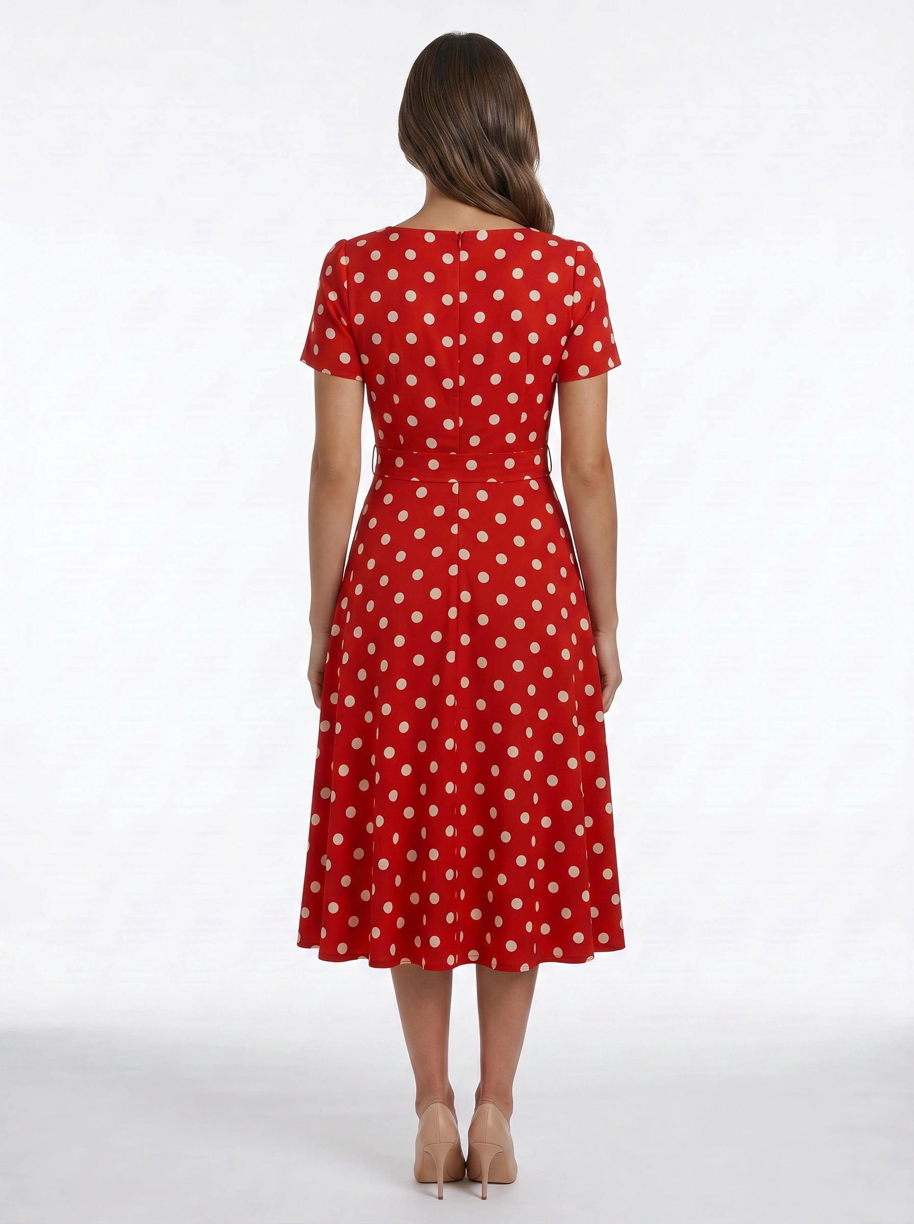 Dotara Polka Dot Midi Dress – Vintage Retro Style Women Square Neck Belted Fit Flare Midi Dress