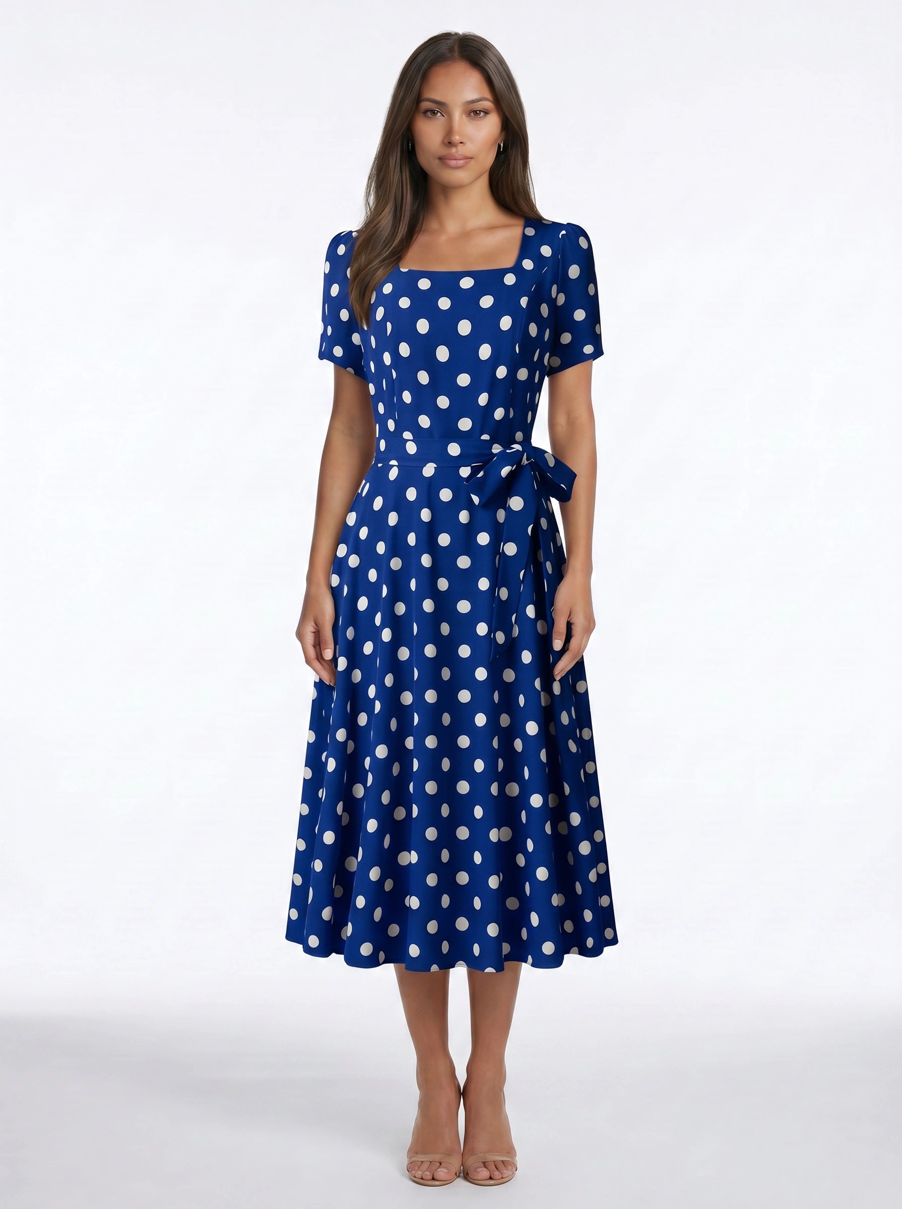 Dotara Polka Dot Midi Dress – Vintage Retro Style Women Square Neck Belted Fit Flare Midi Dress