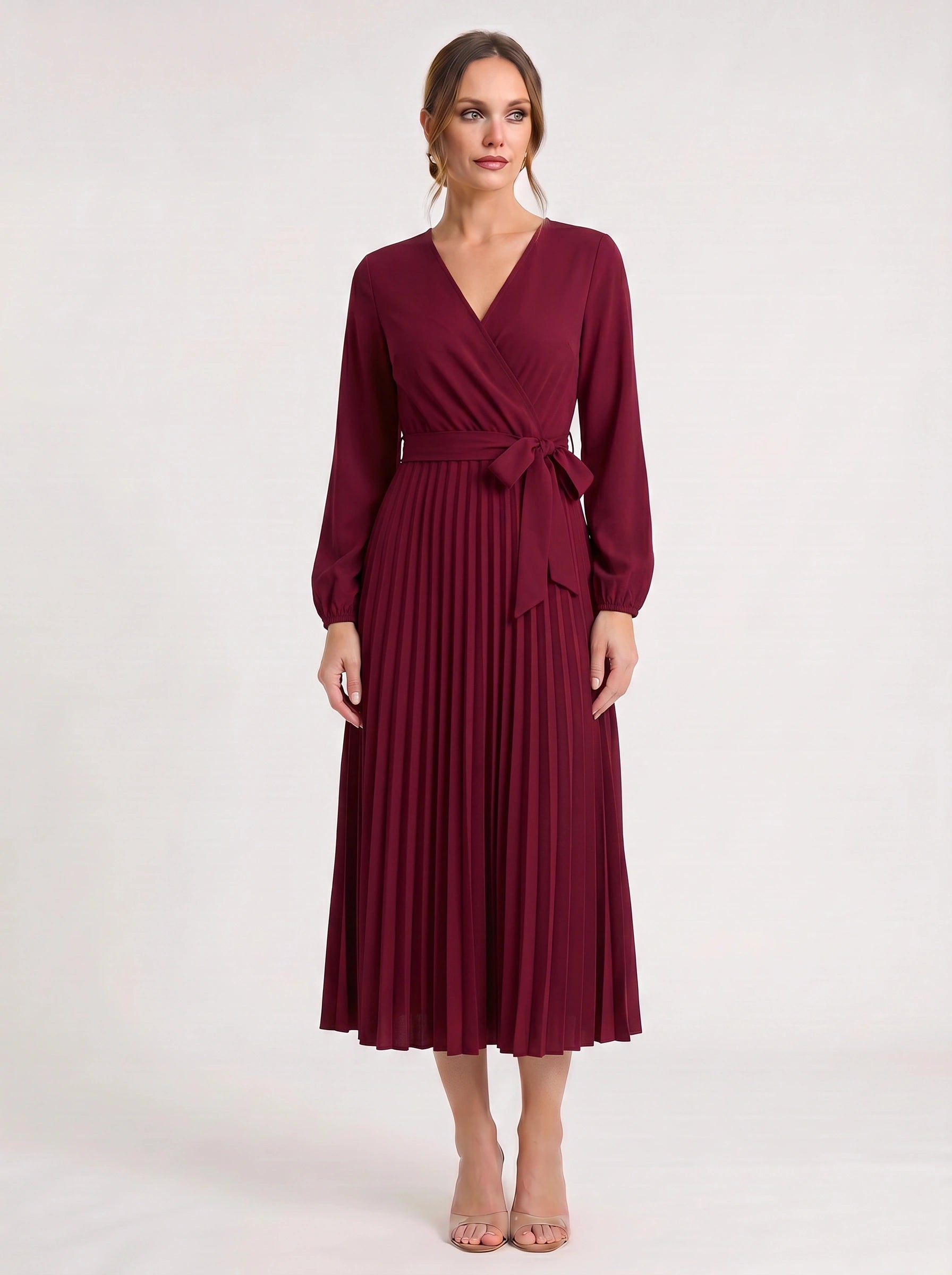 Plissa Wrap Pleated Midi Dress – Long Sleeve V-Neck Midi Dress Women Formal Wedding Guest Cocktail Maxi Dress