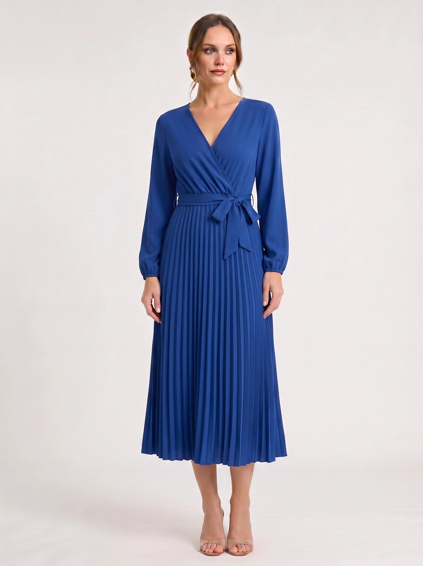 Plissa Wrap Pleated Midi Dress – Long Sleeve V-Neck Midi Dress Women Formal Wedding Guest Cocktail Maxi Dress