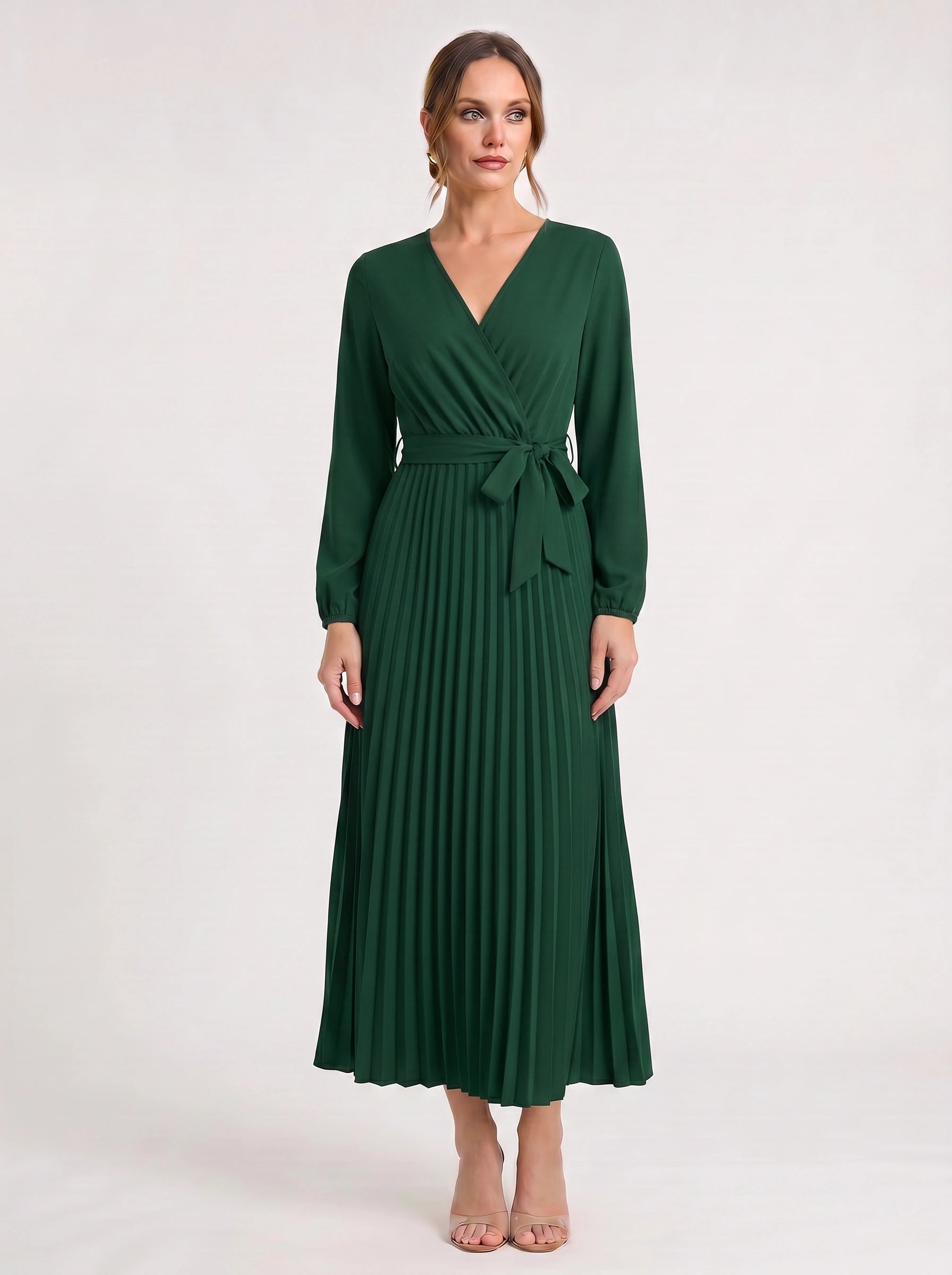 Plissa Wrap Pleated Midi Dress – Long Sleeve V-Neck Midi Dress Women Formal Wedding Guest Cocktail Maxi Dress