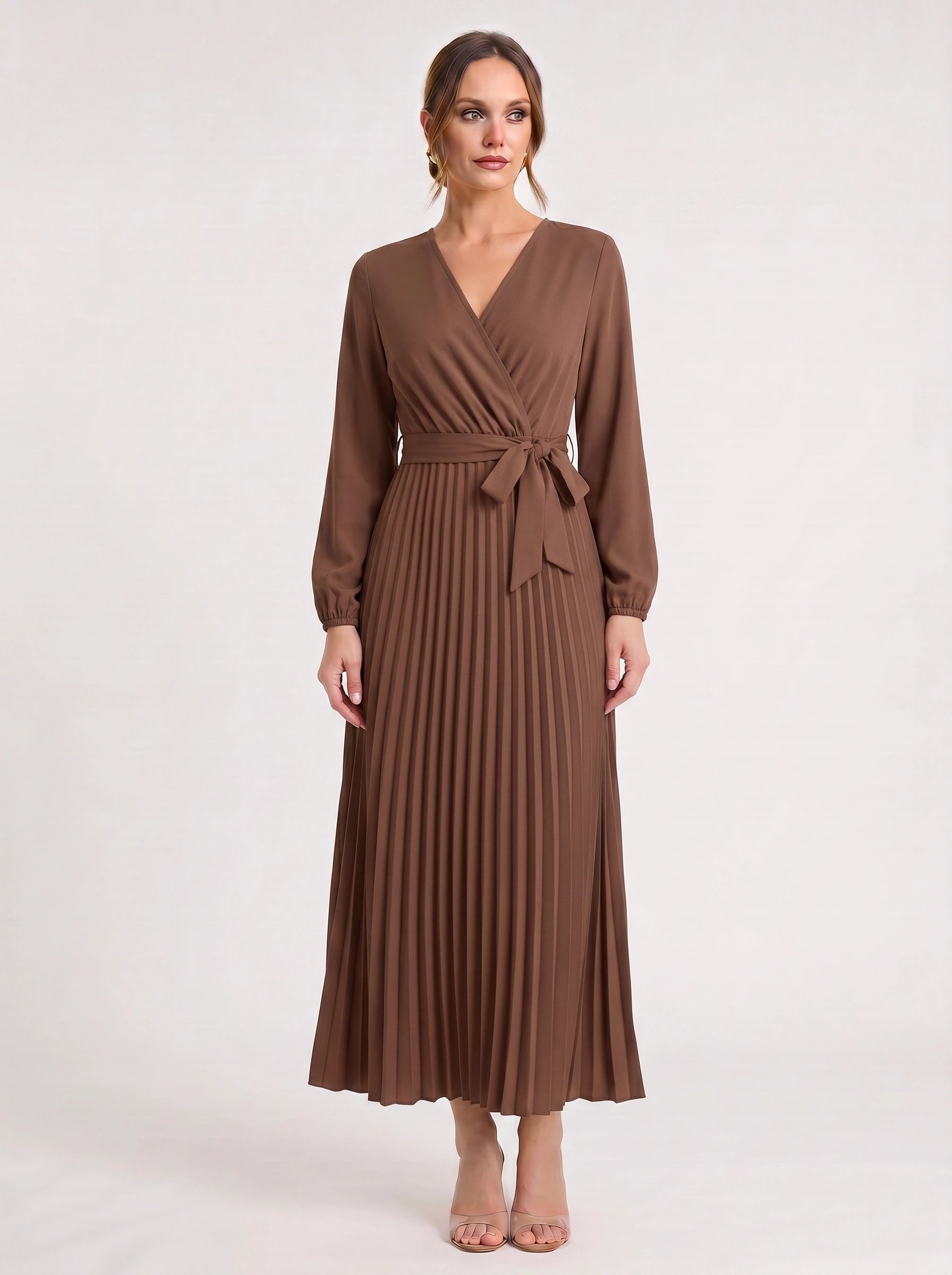 Plissa Wrap Pleated Midi Dress – Long Sleeve V-Neck Midi Dress Women Formal Wedding Guest Cocktail Maxi Dress