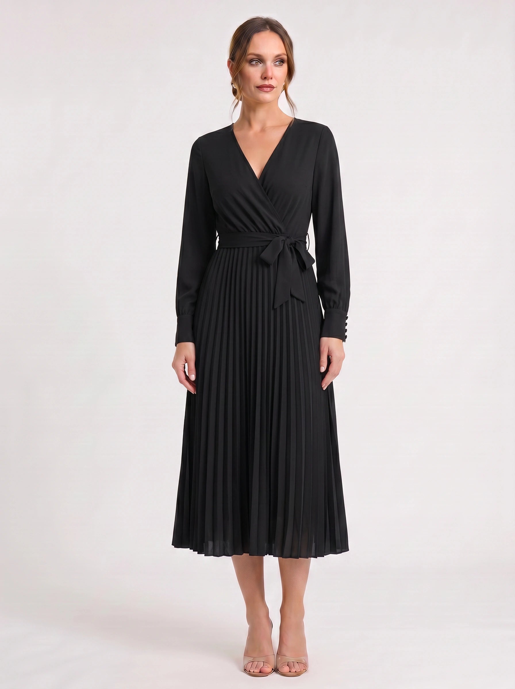 Plissa Wrap Pleated Midi Dress – Long Sleeve V-Neck Midi Dress Women Formal Wedding Guest Cocktail Maxi Dress