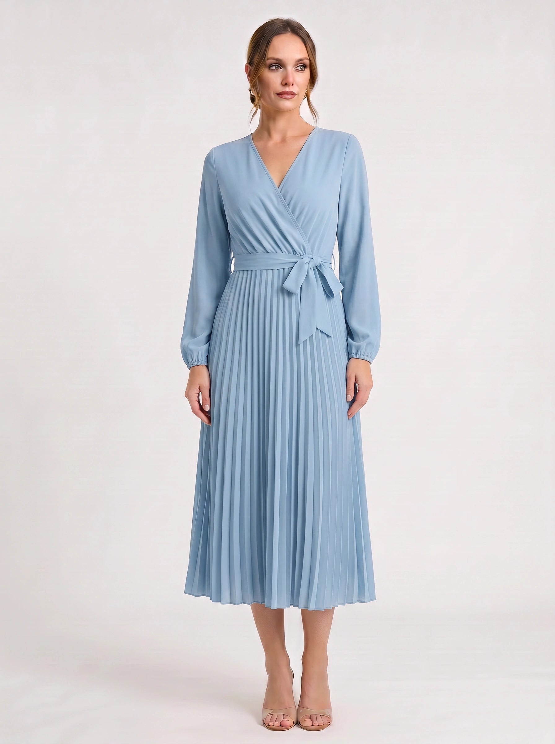 Plissa Wrap Pleated Midi Dress – Long Sleeve V-Neck Midi Dress Women Formal Wedding Guest Cocktail Maxi Dress