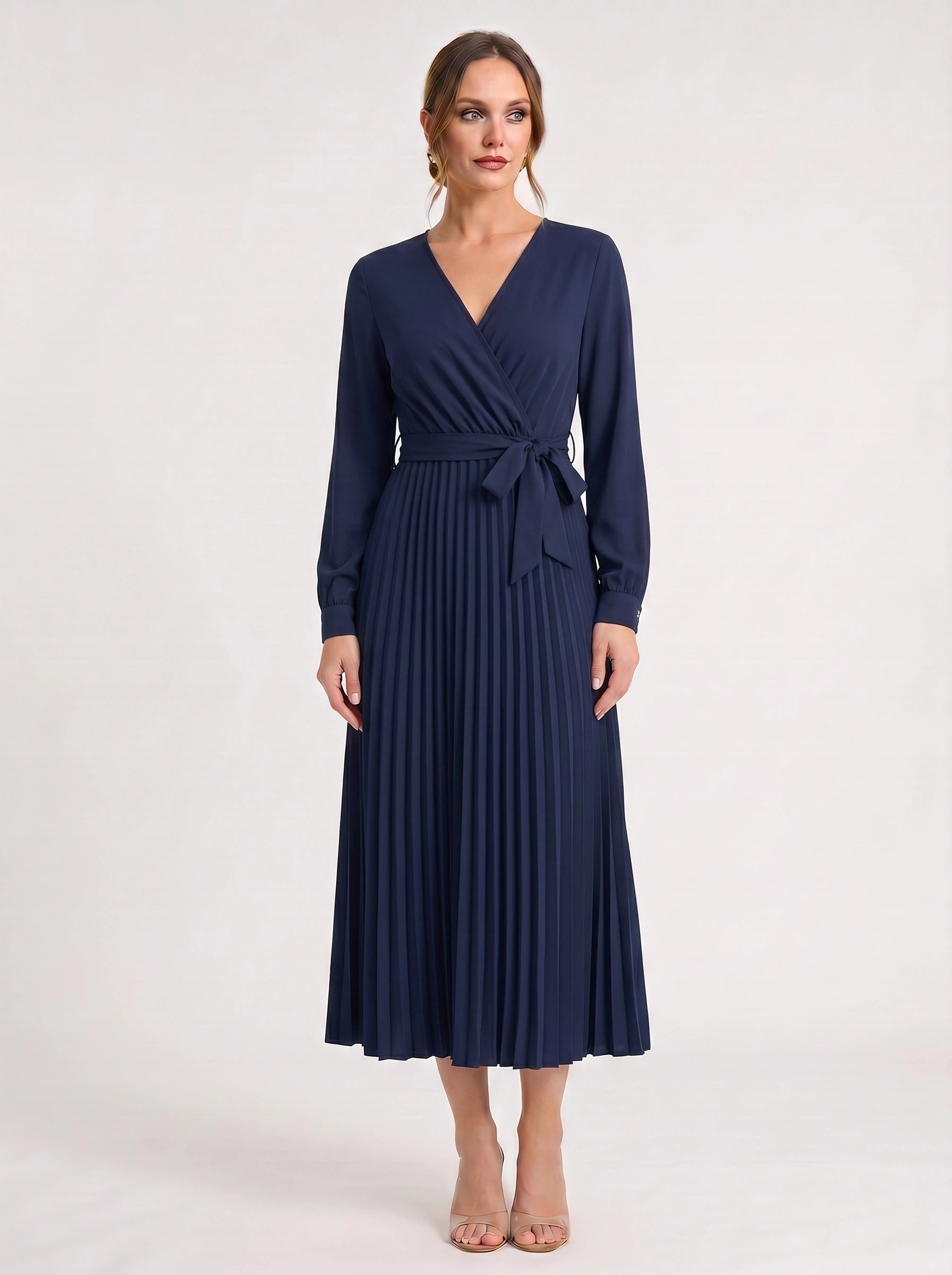 Plissa Wrap Pleated Midi Dress – Long Sleeve V-Neck Midi Dress Women Formal Wedding Guest Cocktail Maxi Dress
