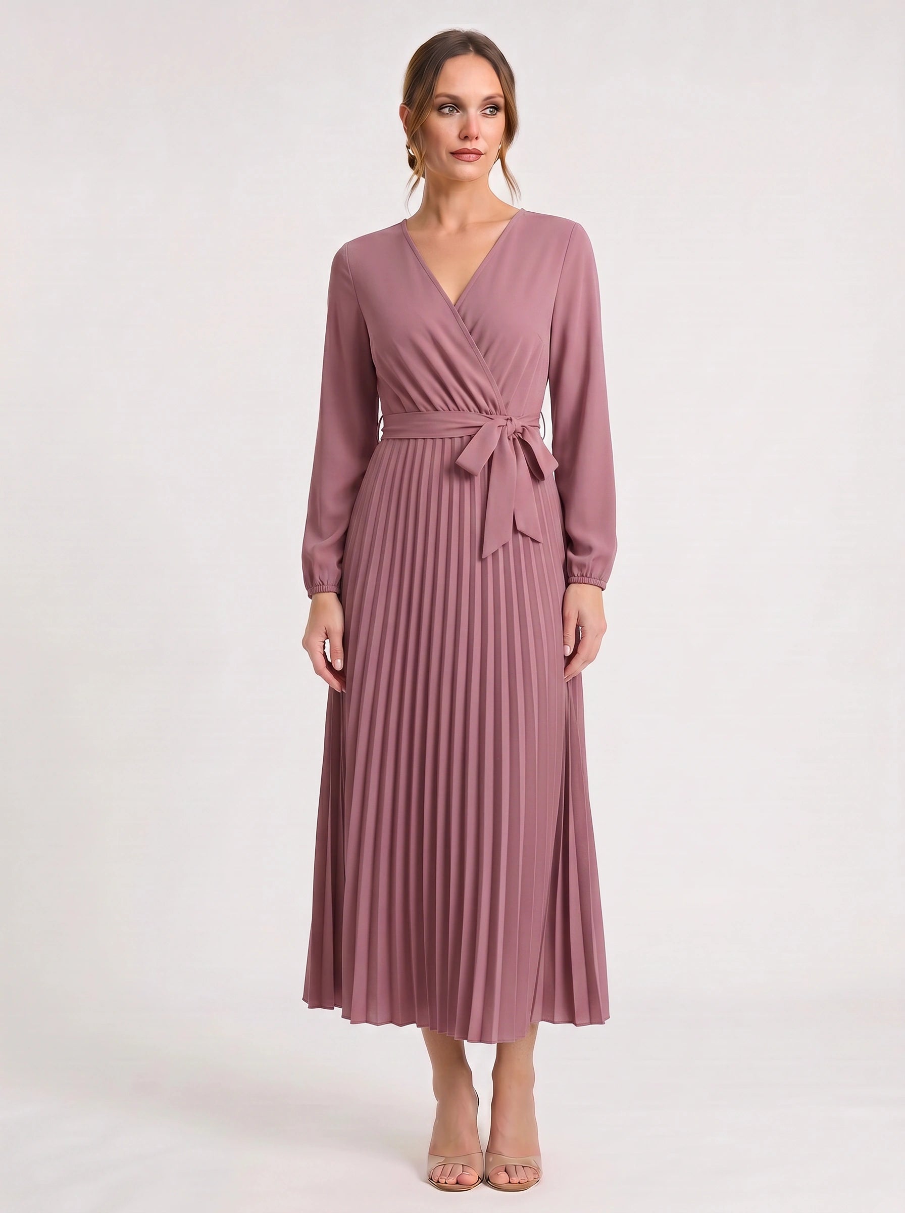 Plissa Wrap Pleated Midi Dress – Long Sleeve V-Neck Midi Dress Women Formal Wedding Guest Cocktail Maxi Dress
