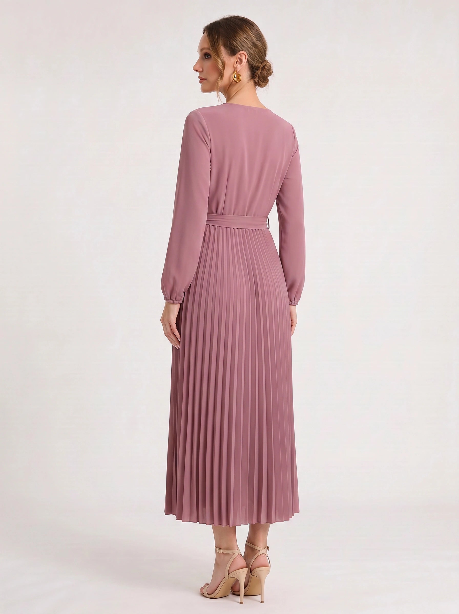 Plissa Wrap Pleated Midi Dress – Long Sleeve V-Neck Midi Dress Women Formal Wedding Guest Cocktail Maxi Dress