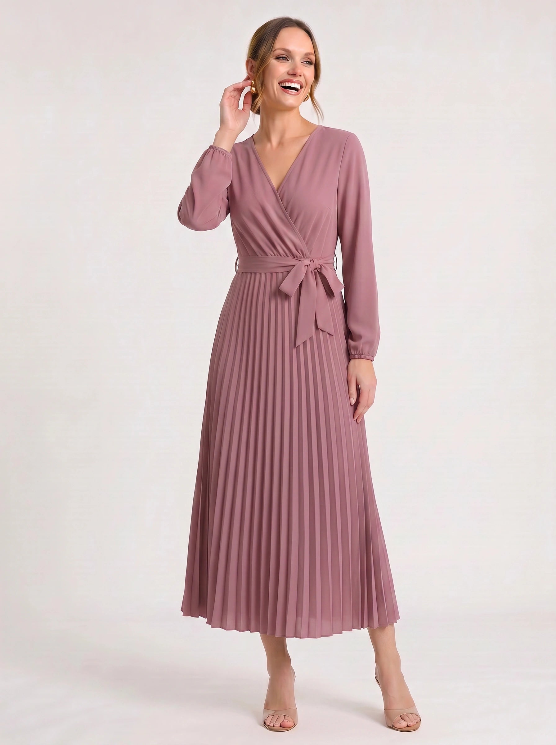Plissa Wrap Pleated Midi Dress – Long Sleeve V-Neck Midi Dress Women Formal Wedding Guest Cocktail Maxi Dress