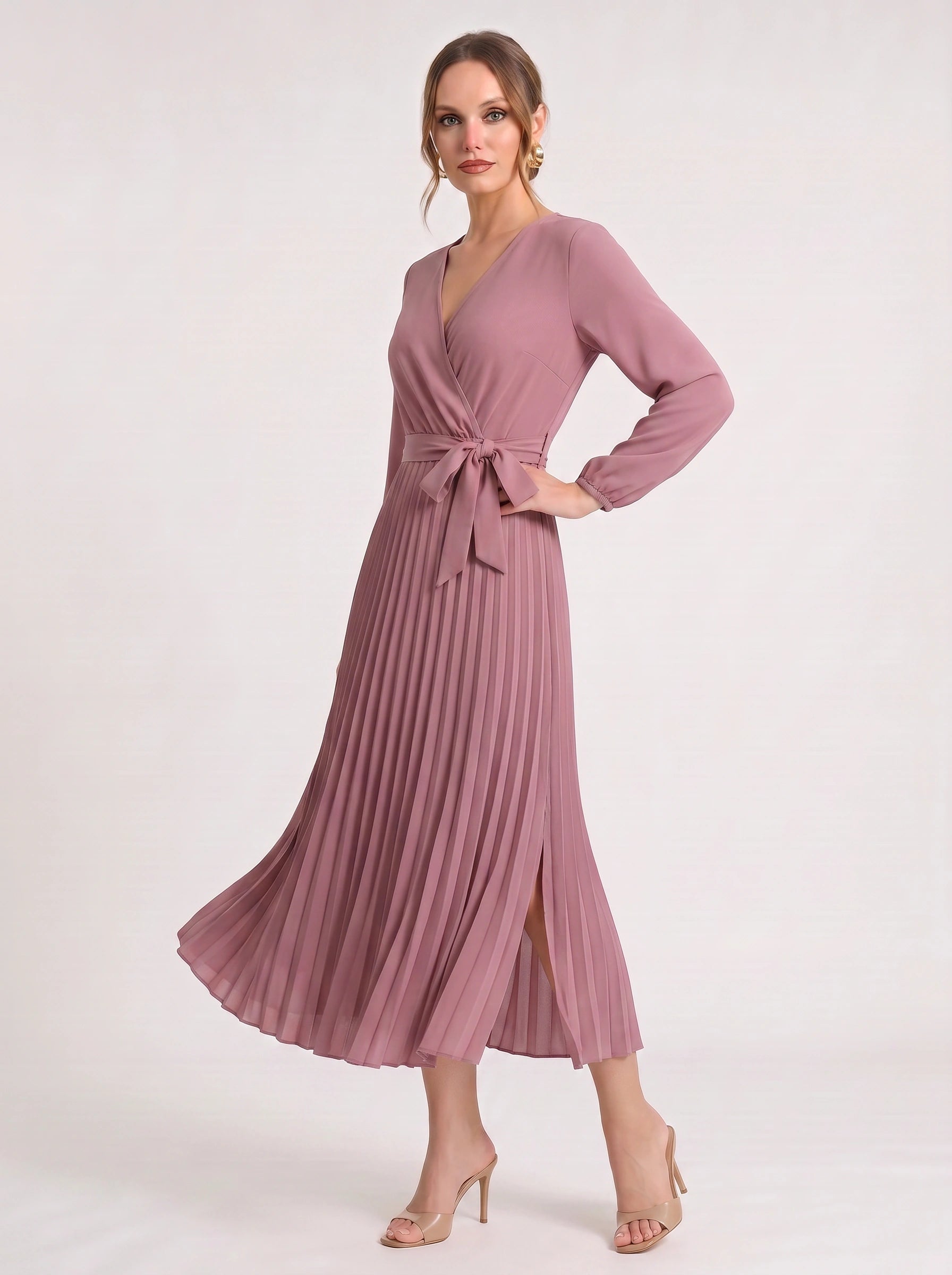 Plissa Wrap Pleated Midi Dress – Long Sleeve V-Neck Midi Dress Women Formal Wedding Guest Cocktail Maxi Dress