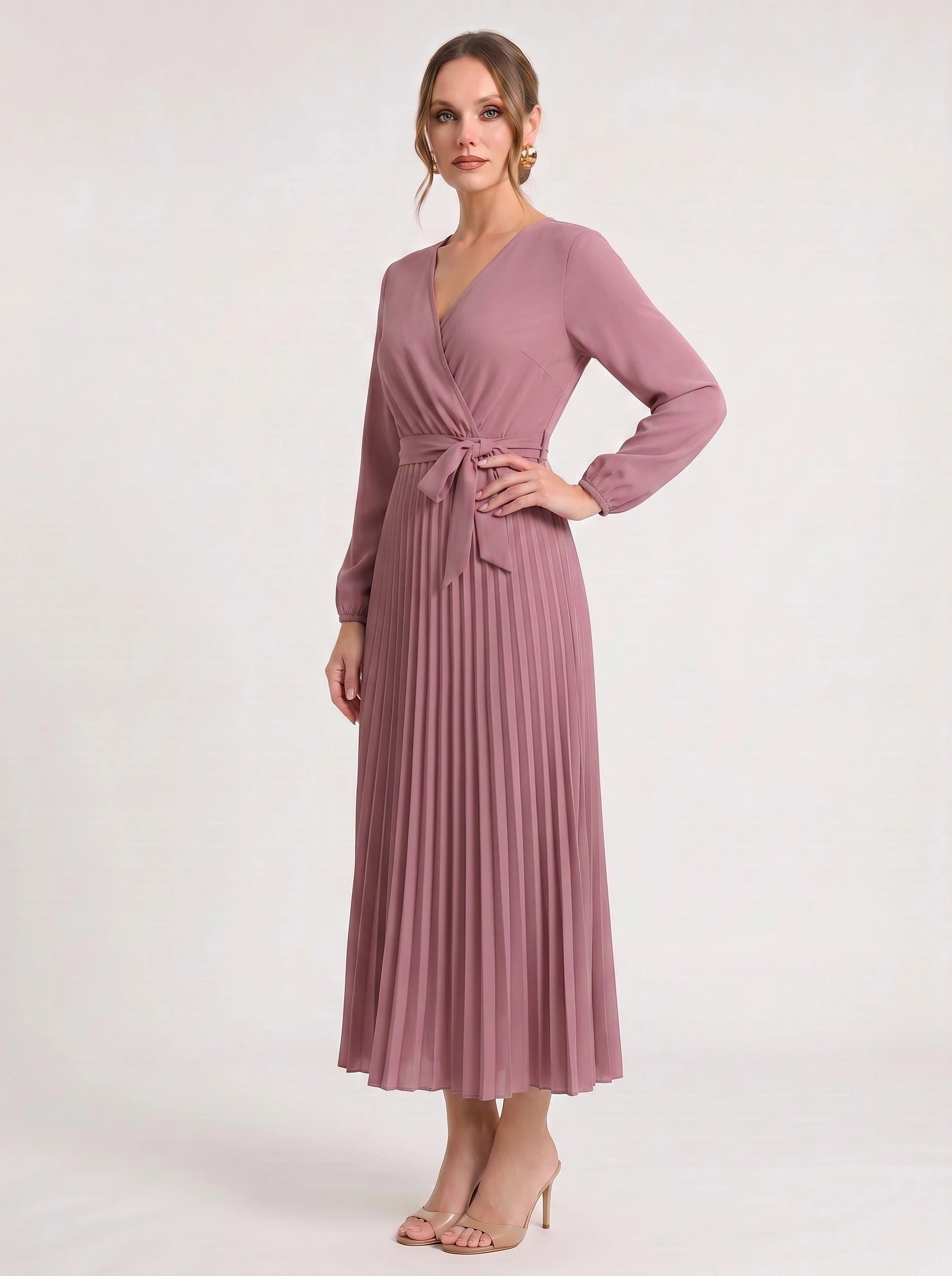 Plissa Wrap Pleated Midi Dress – Long Sleeve V-Neck Midi Dress Women Formal Wedding Guest Cocktail Maxi Dress