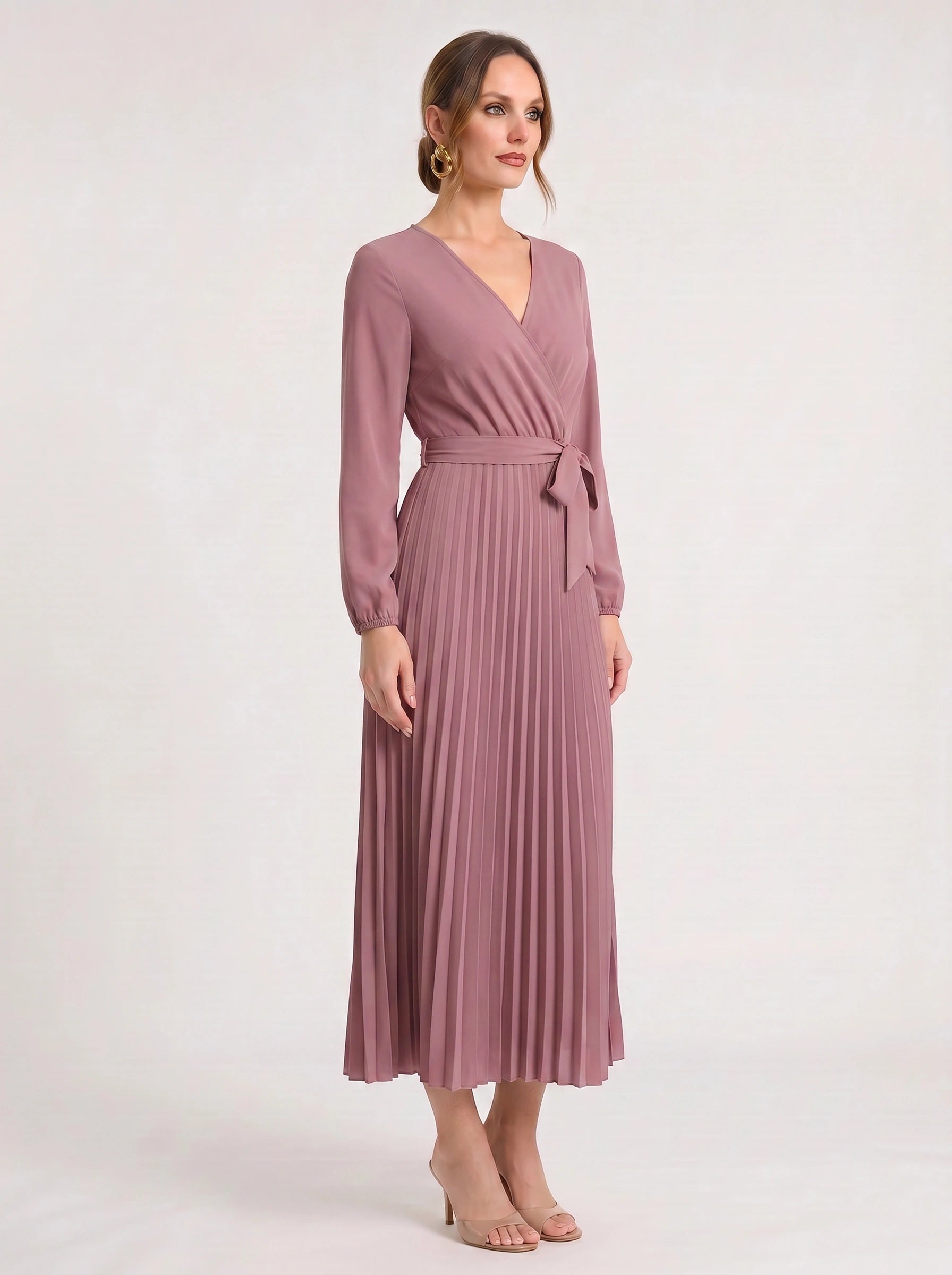 Plissa Wrap Pleated Midi Dress – Long Sleeve V-Neck Midi Dress Women Formal Wedding Guest Cocktail Maxi Dress