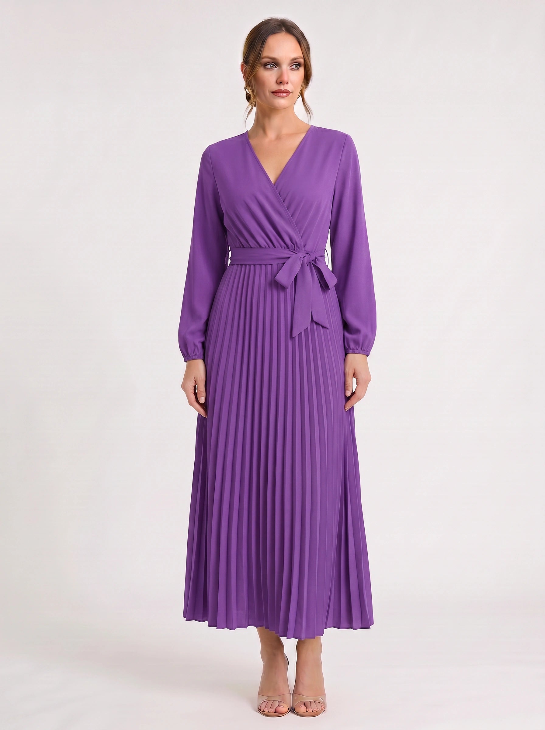 Plissa Wrap Pleated Midi Dress – Long Sleeve V-Neck Midi Dress Women Formal Wedding Guest Cocktail Maxi Dress