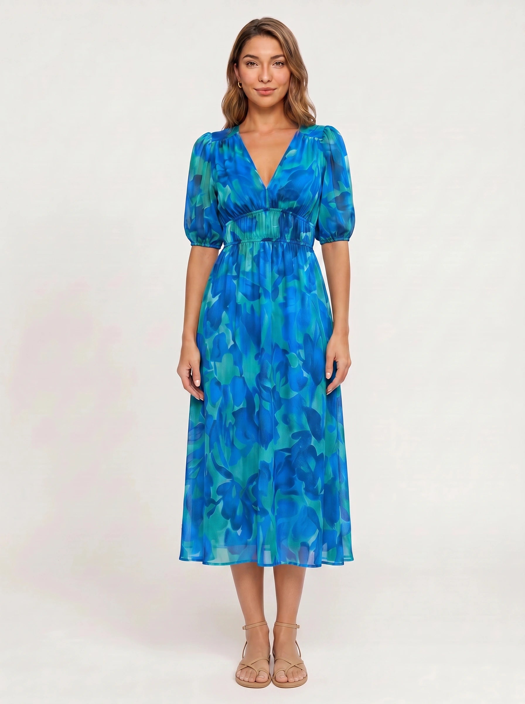 Mariva Puff Sleeve V-Neck Midi Dress – Women Cocktail Formal Wedding Guest Boho Floral Print Sundress