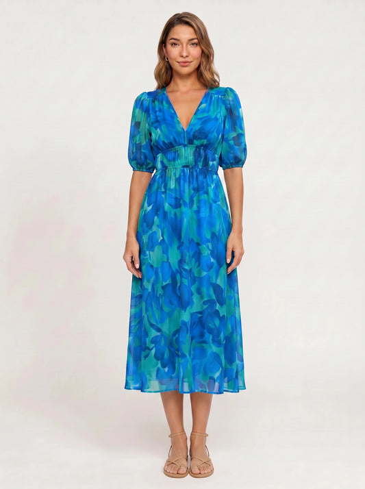 Mariva Puff Sleeve V-Neck Midi Dress – Women Cocktail Formal Wedding Guest Boho Floral Print Sundress
