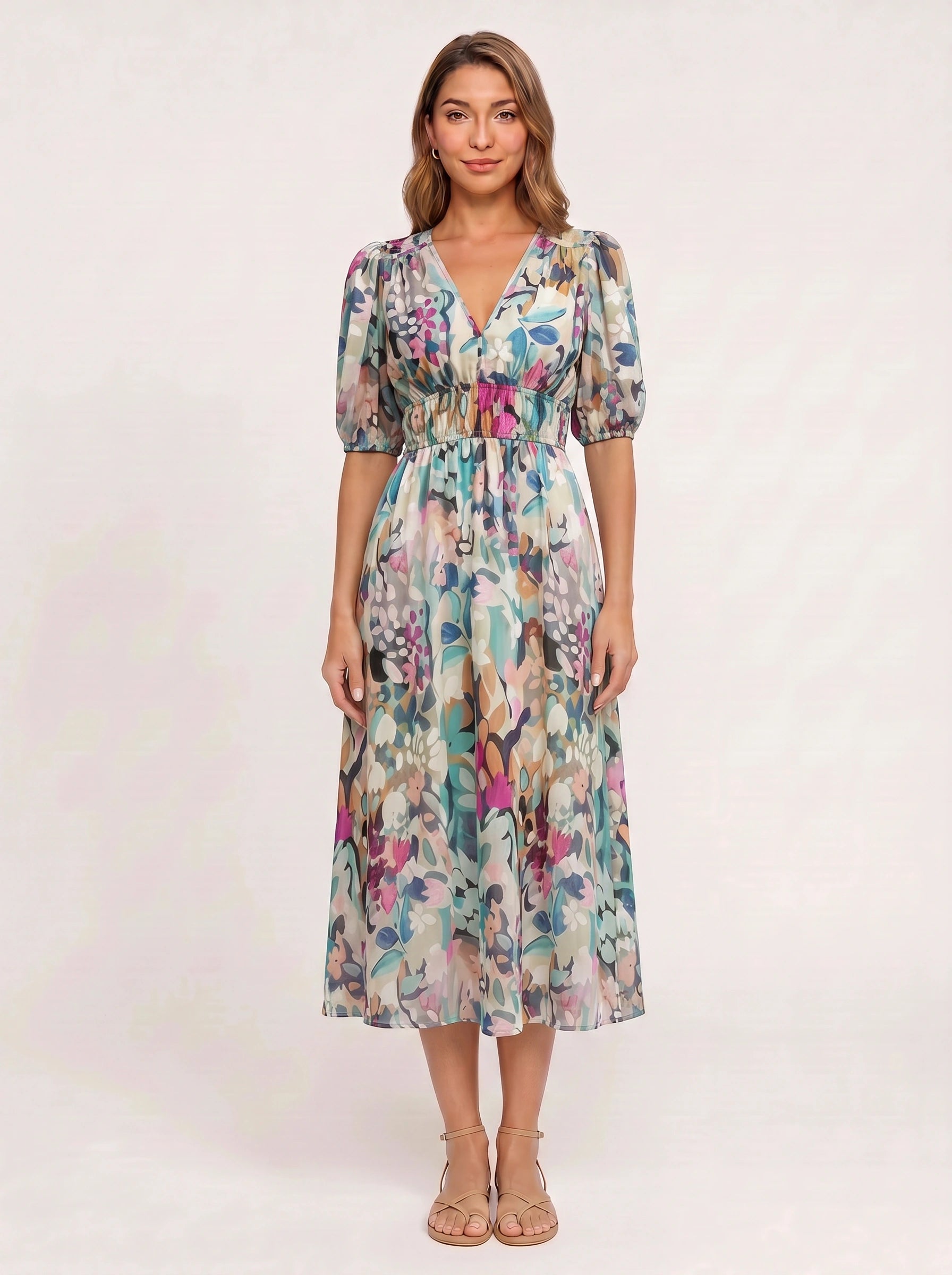 Mariva Puff Sleeve V-Neck Midi Dress – Women Cocktail Formal Wedding Guest Boho Floral Print Sundress