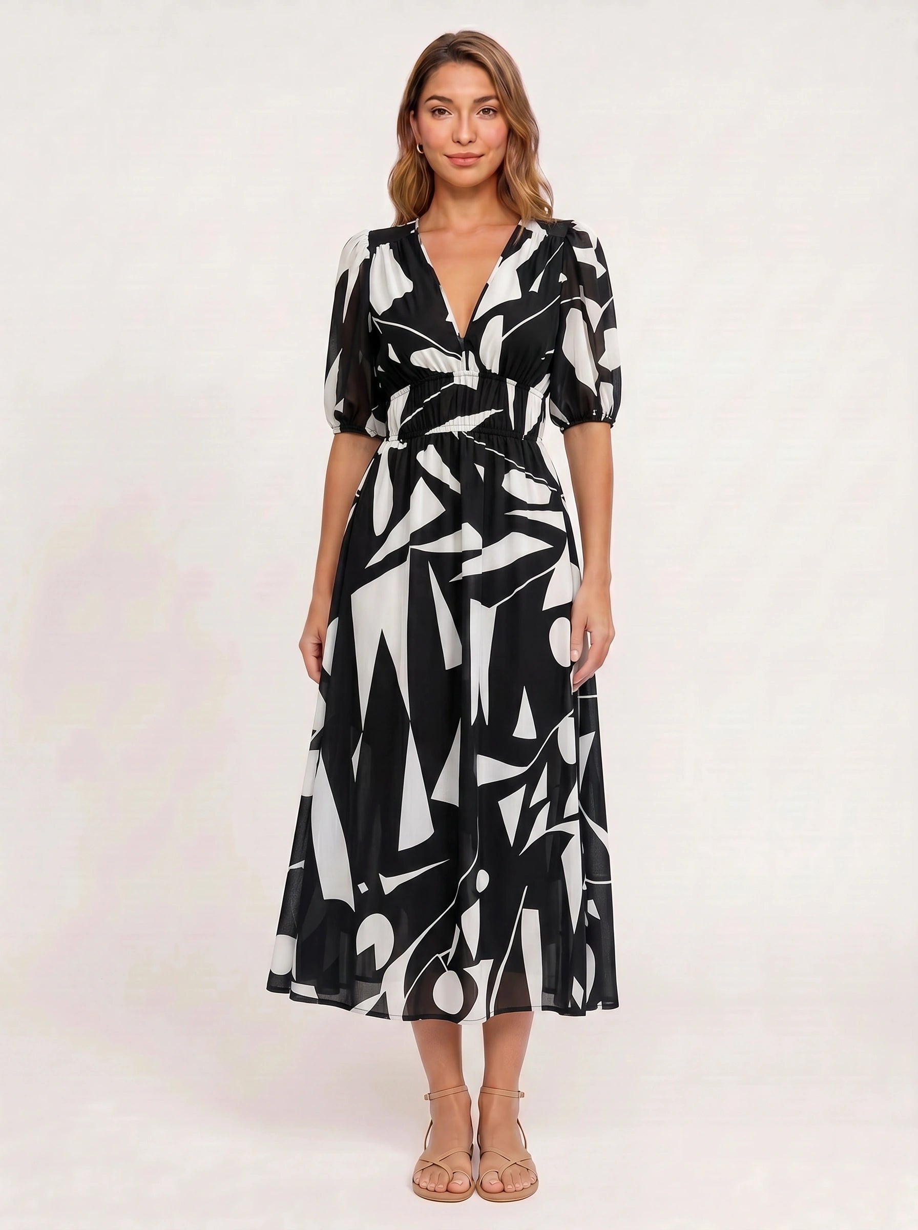 Mariva Puff Sleeve V-Neck Midi Dress – Women Cocktail Formal Wedding Guest Boho Floral Print Sundress