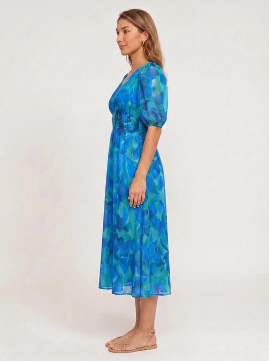 Mariva Puff Sleeve V-Neck Midi Dress – Women Cocktail Formal Wedding Guest Boho Floral Print Sundress