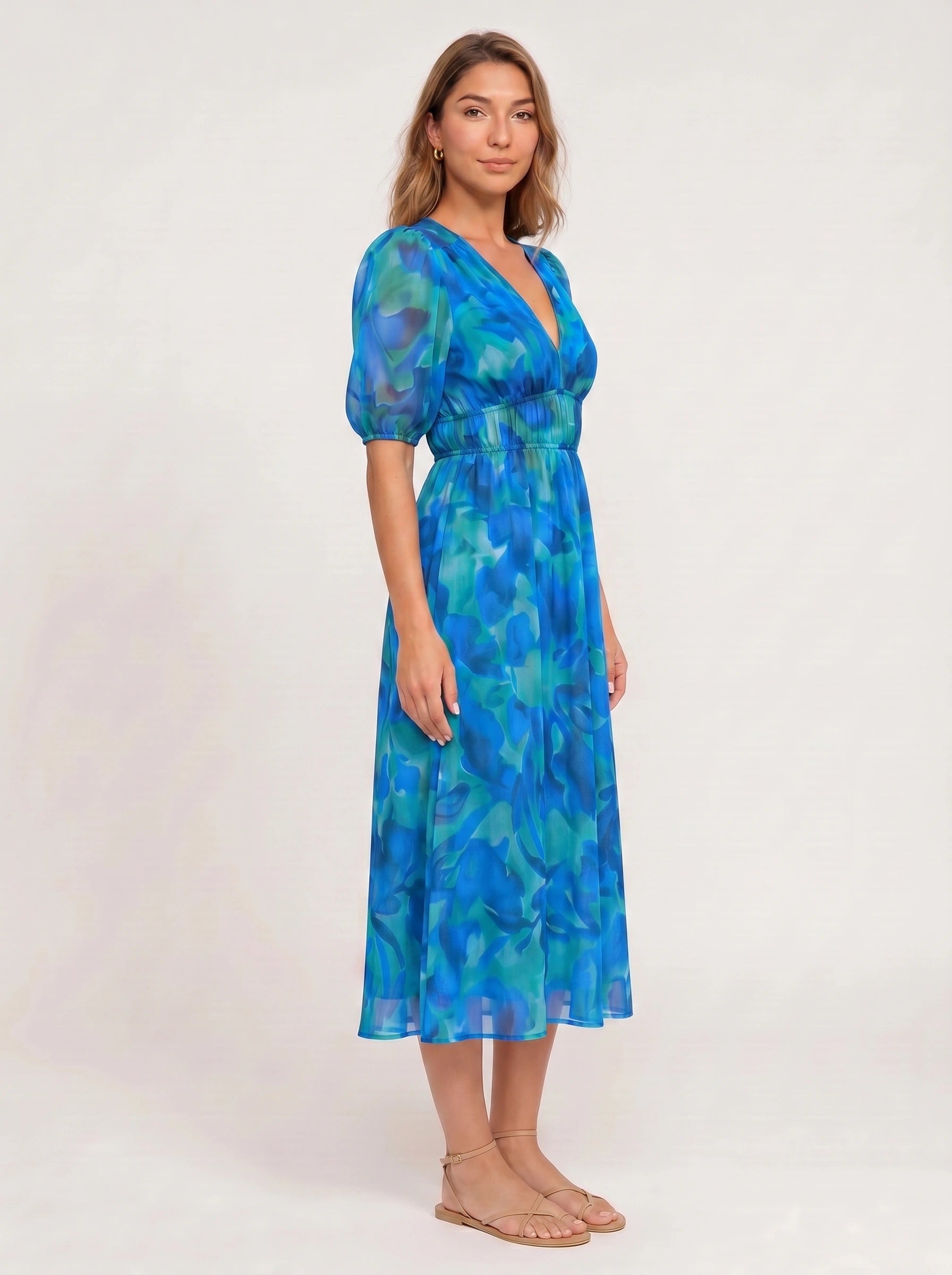 Mariva Puff Sleeve V-Neck Midi Dress – Women Cocktail Formal Wedding Guest Boho Floral Print Sundress