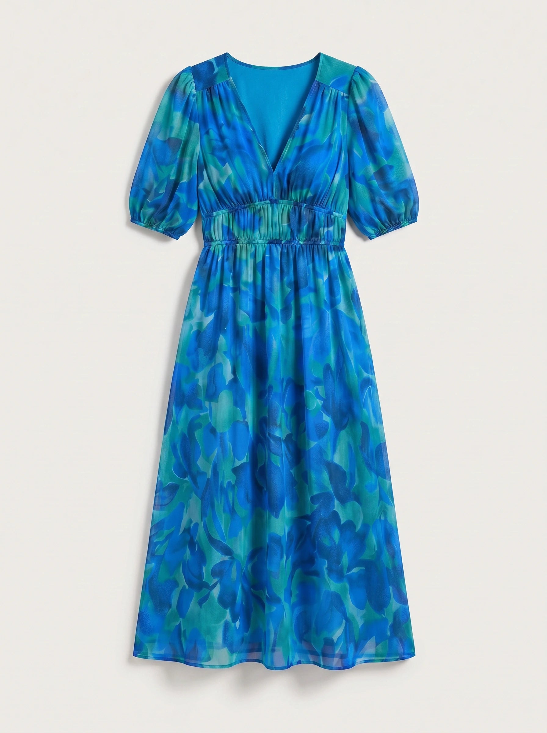 Mariva Puff Sleeve V-Neck Midi Dress – Women Cocktail Formal Wedding Guest Boho Floral Print Sundress
