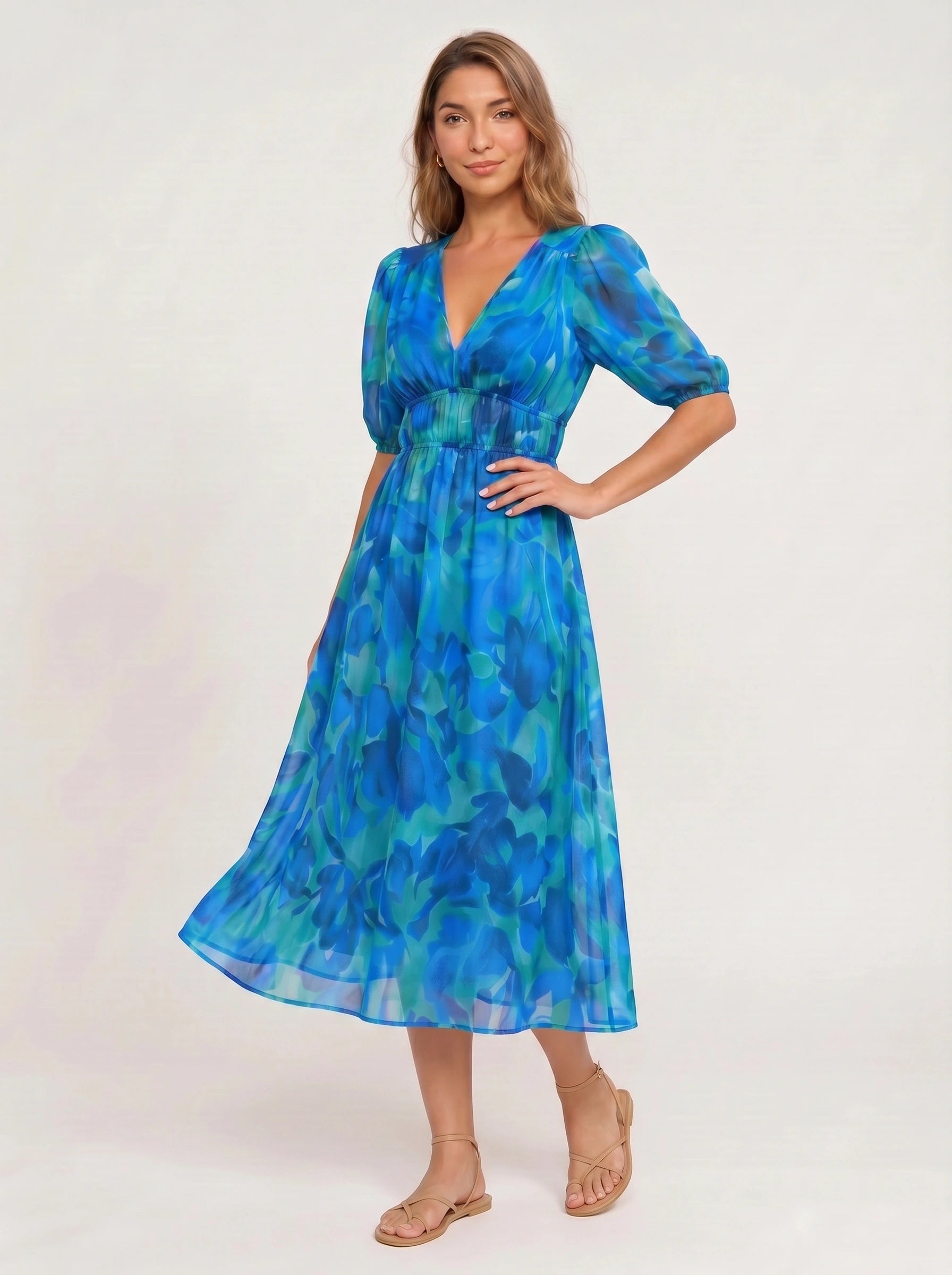 Mariva Puff Sleeve V-Neck Midi Dress – Women Cocktail Formal Wedding Guest Boho Floral Print Sundress