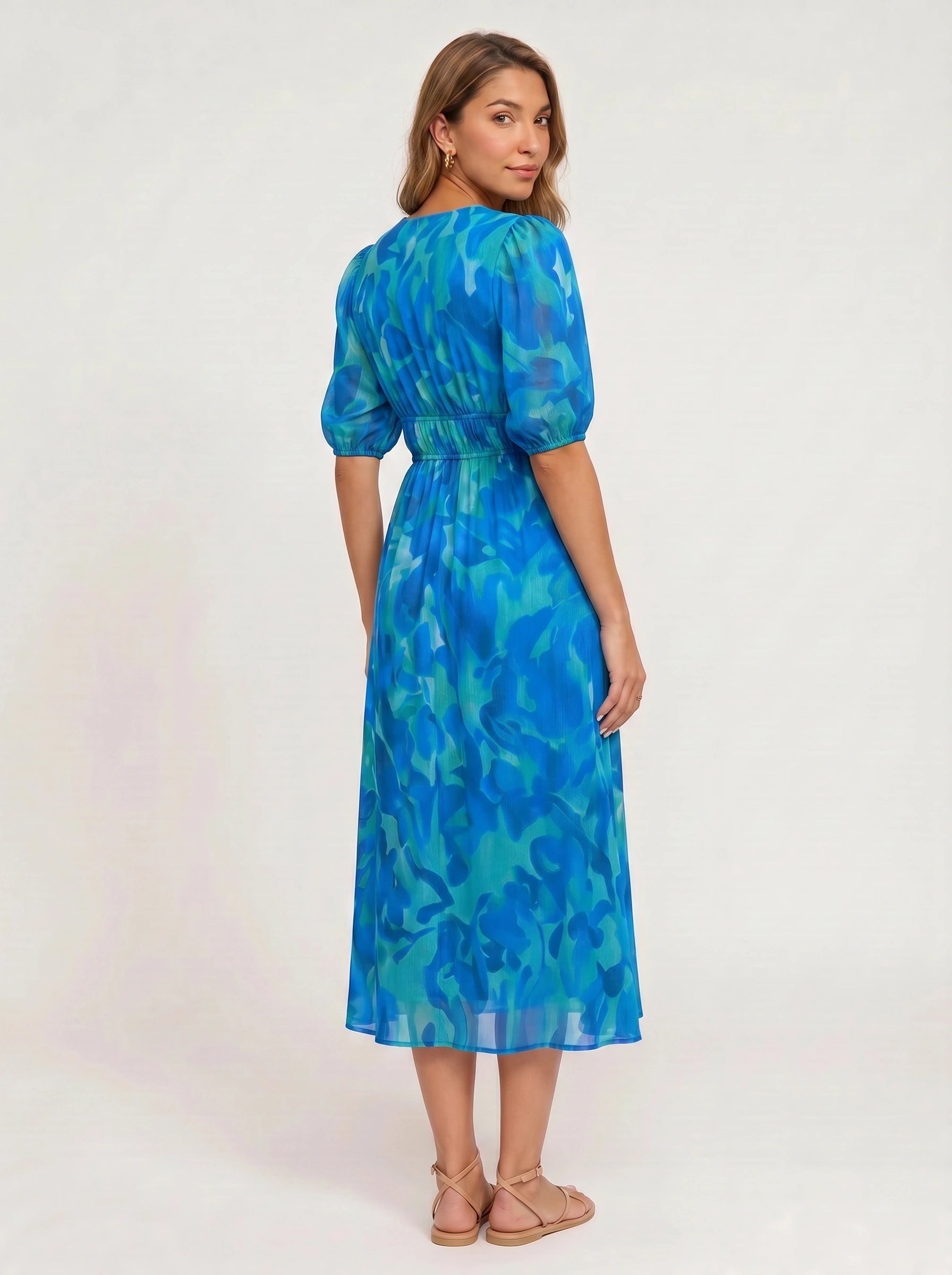 Mariva Puff Sleeve V-Neck Midi Dress – Women Cocktail Formal Wedding Guest Boho Floral Print Sundress