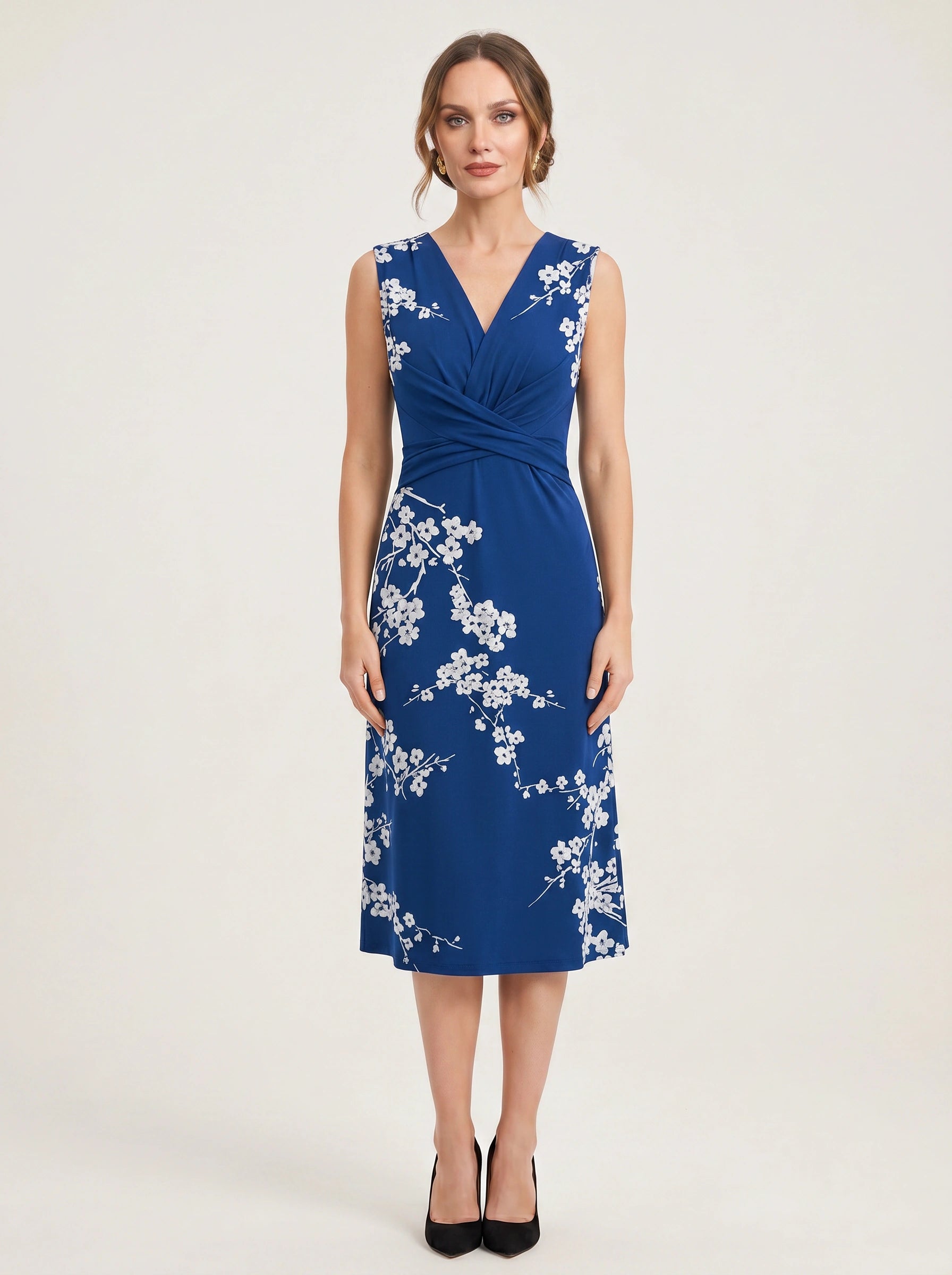 Floralyn Twist-Front V-Neck Midi Dress – Women Formal Wedding Guest Cocktail Evening Party Sleeveless Midi Dress