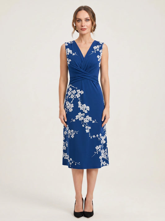 Floralyn Twist-Front V-Neck Midi Dress – Women Formal Wedding Guest Cocktail Evening Party Sleeveless Midi Dress