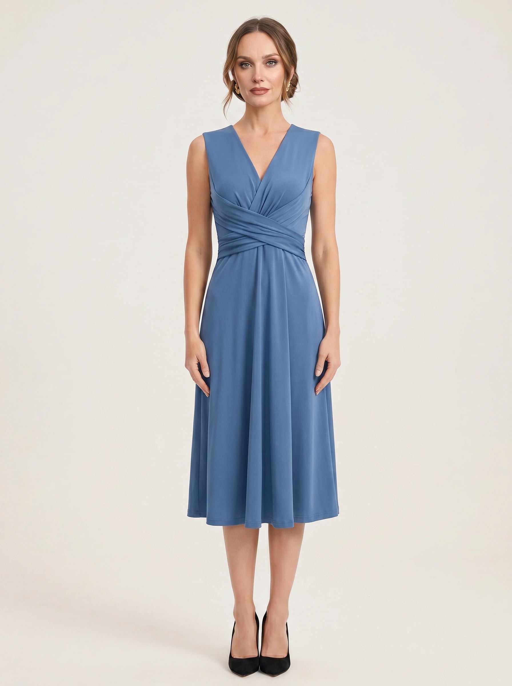 Floralyn Twist-Front V-Neck Midi Dress – Women Formal Wedding Guest Cocktail Evening Party Sleeveless Midi Dress