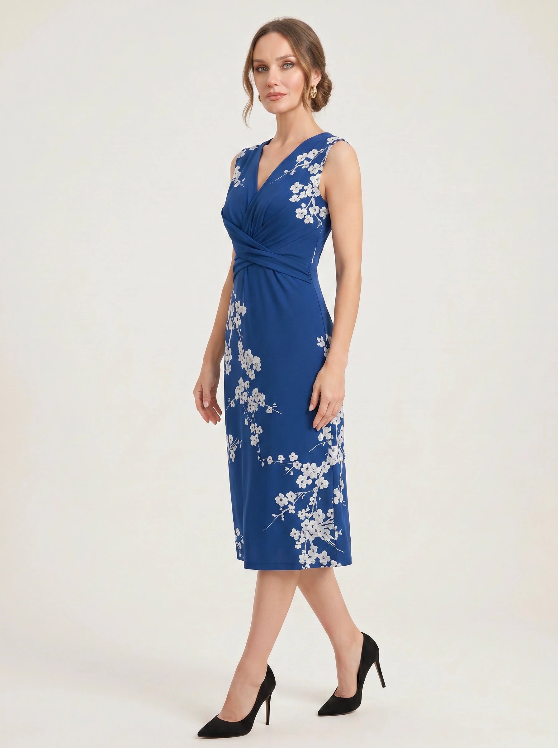 Floralyn Twist-Front V-Neck Midi Dress – Women Formal Wedding Guest Cocktail Evening Party Sleeveless Midi Dress