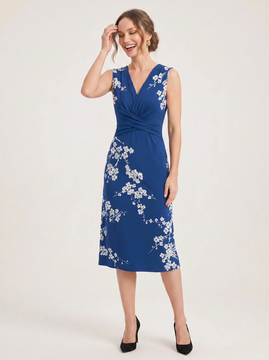 Floralyn Twist-Front V-Neck Midi Dress – Women Formal Wedding Guest Cocktail Evening Party Sleeveless Midi Dress