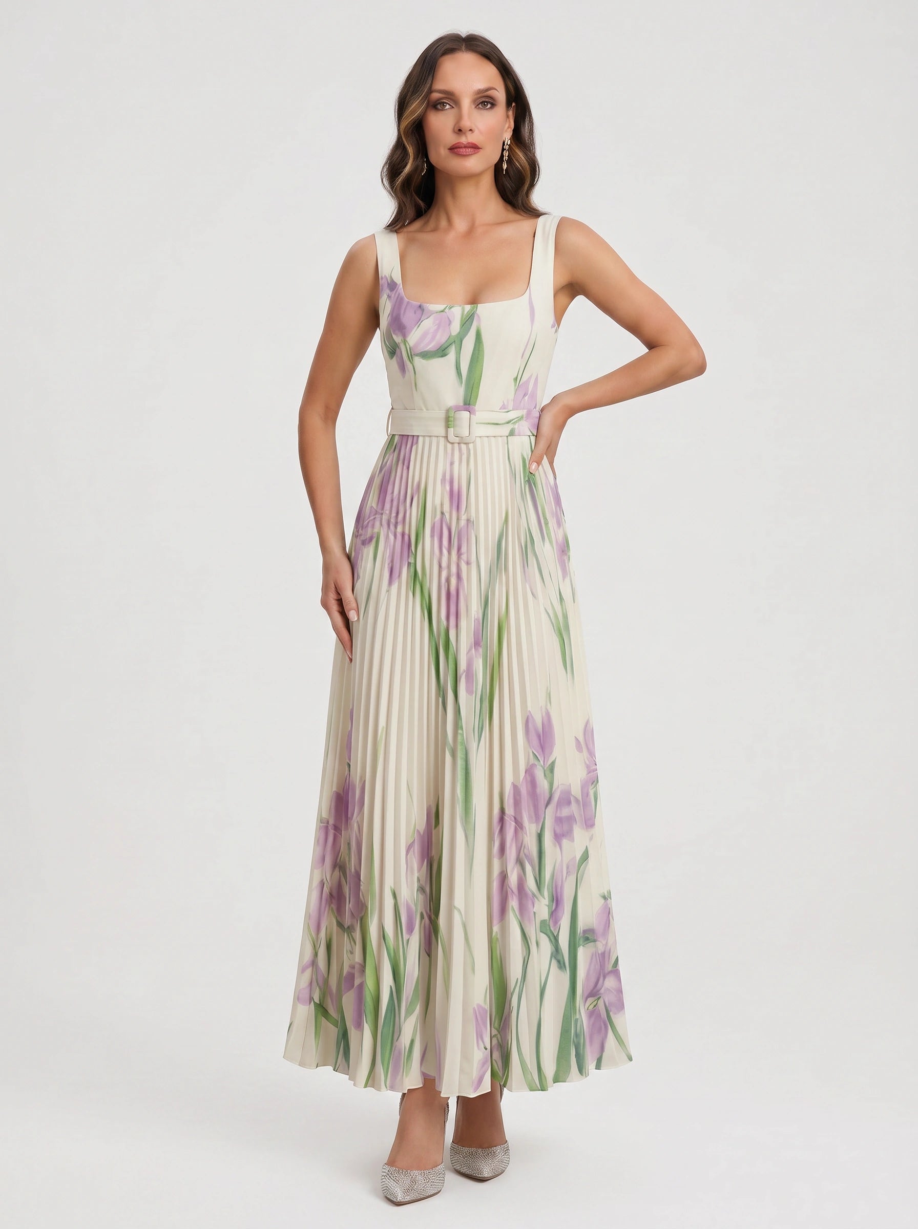 Tuliphe Pleated Belted Maxi Dress – Square Neck Floral Wedding Guest Women Summer Garden Party Maxi Dress
