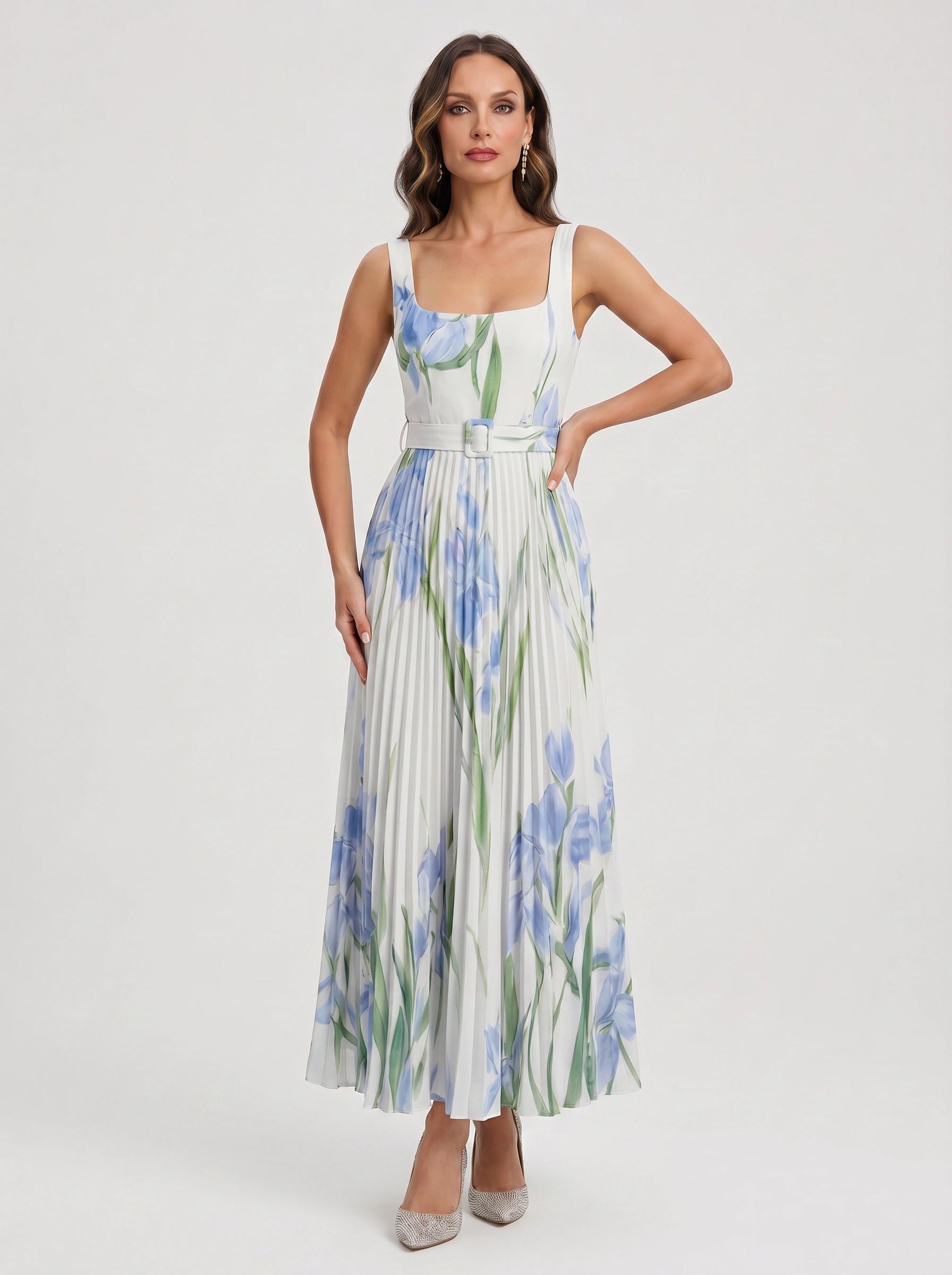 Tuliphe Pleated Belted Maxi Dress – Square Neck Floral Wedding Guest Women Summer Garden Party Maxi Dress