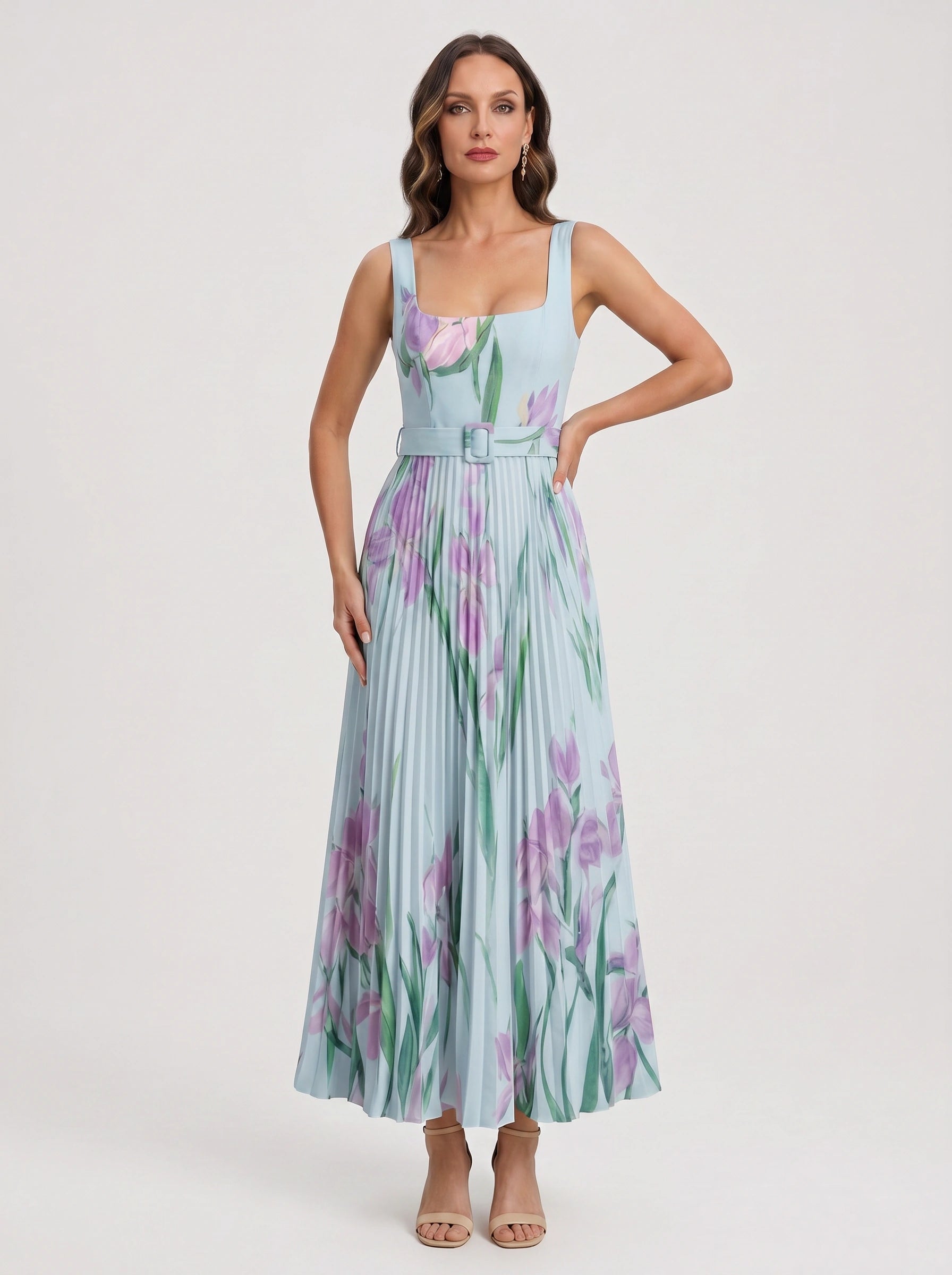 Tuliphe Pleated Belted Maxi Dress – Square Neck Floral Wedding Guest Women Summer Garden Party Maxi Dress