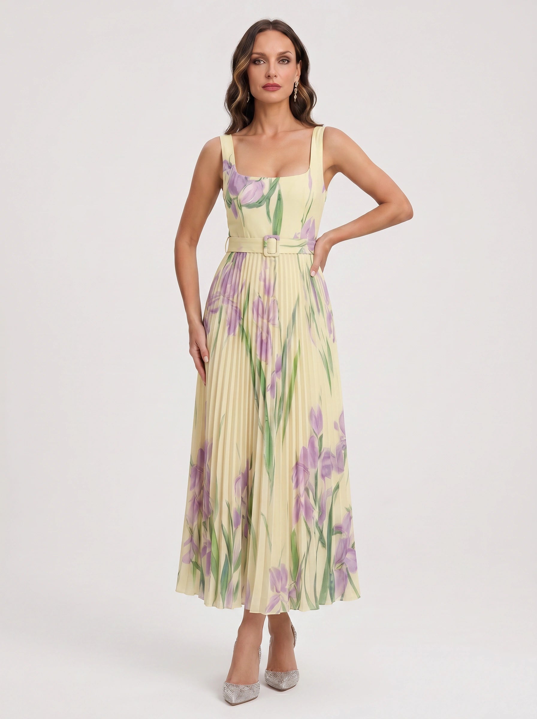 Tuliphe Pleated Belted Maxi Dress – Square Neck Floral Wedding Guest Women Summer Garden Party Maxi Dress