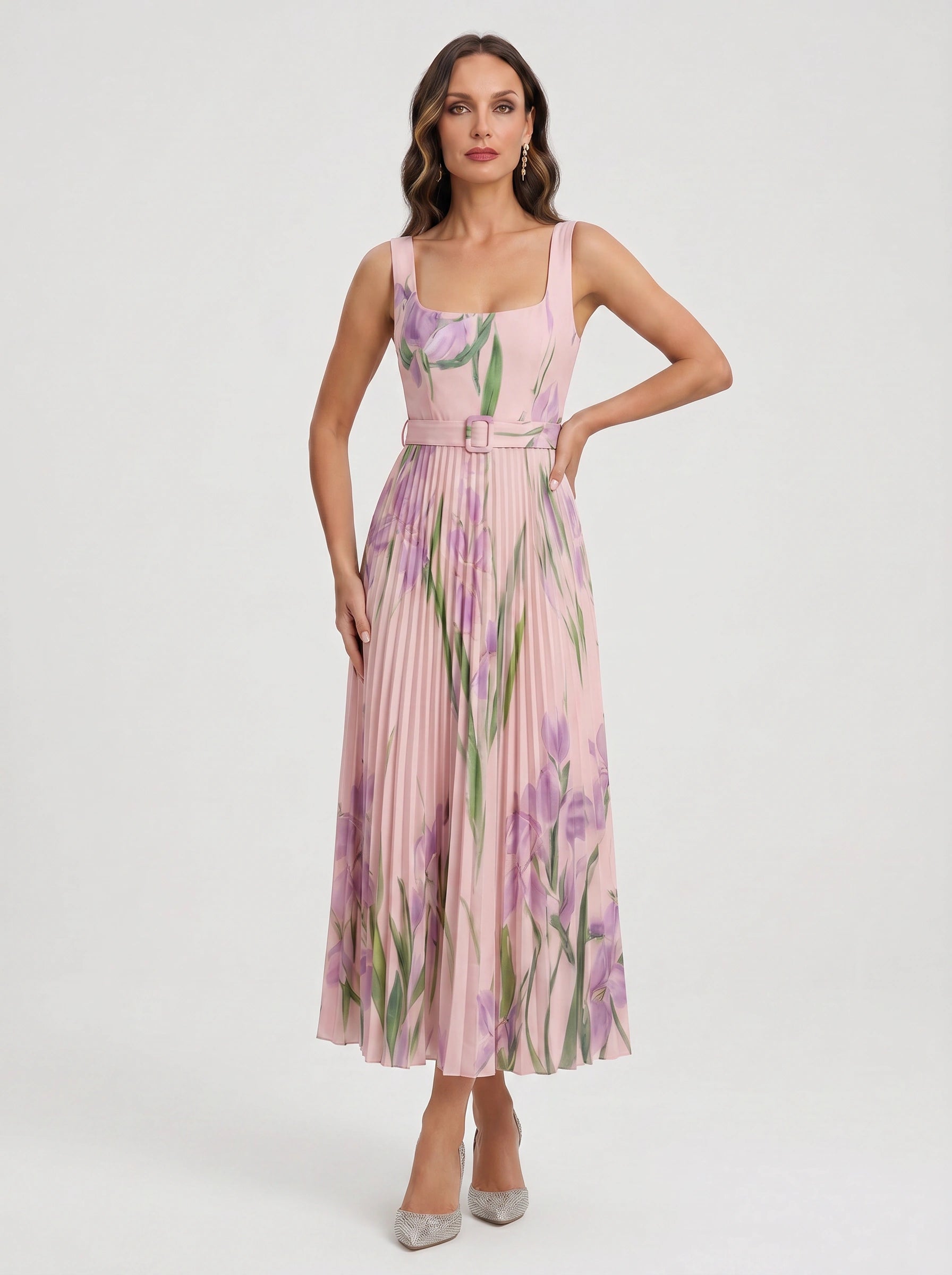 Tuliphe Pleated Belted Maxi Dress – Square Neck Floral Wedding Guest Women Summer Garden Party Maxi Dress