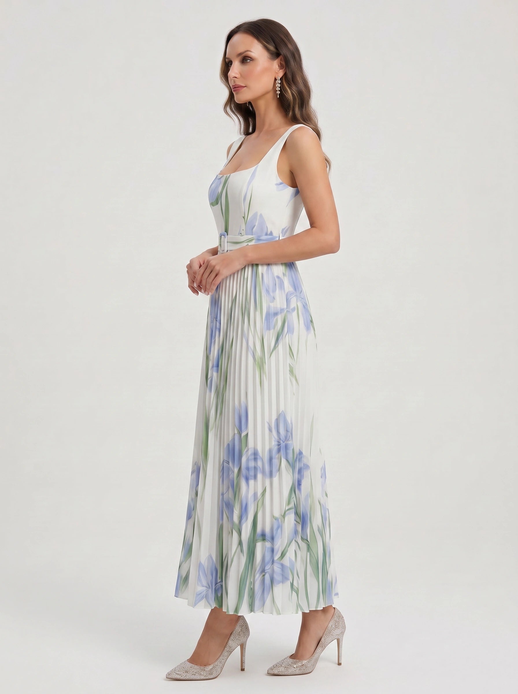 Tuliphe Pleated Belted Maxi Dress – Square Neck Floral Wedding Guest Women Summer Garden Party Maxi Dress