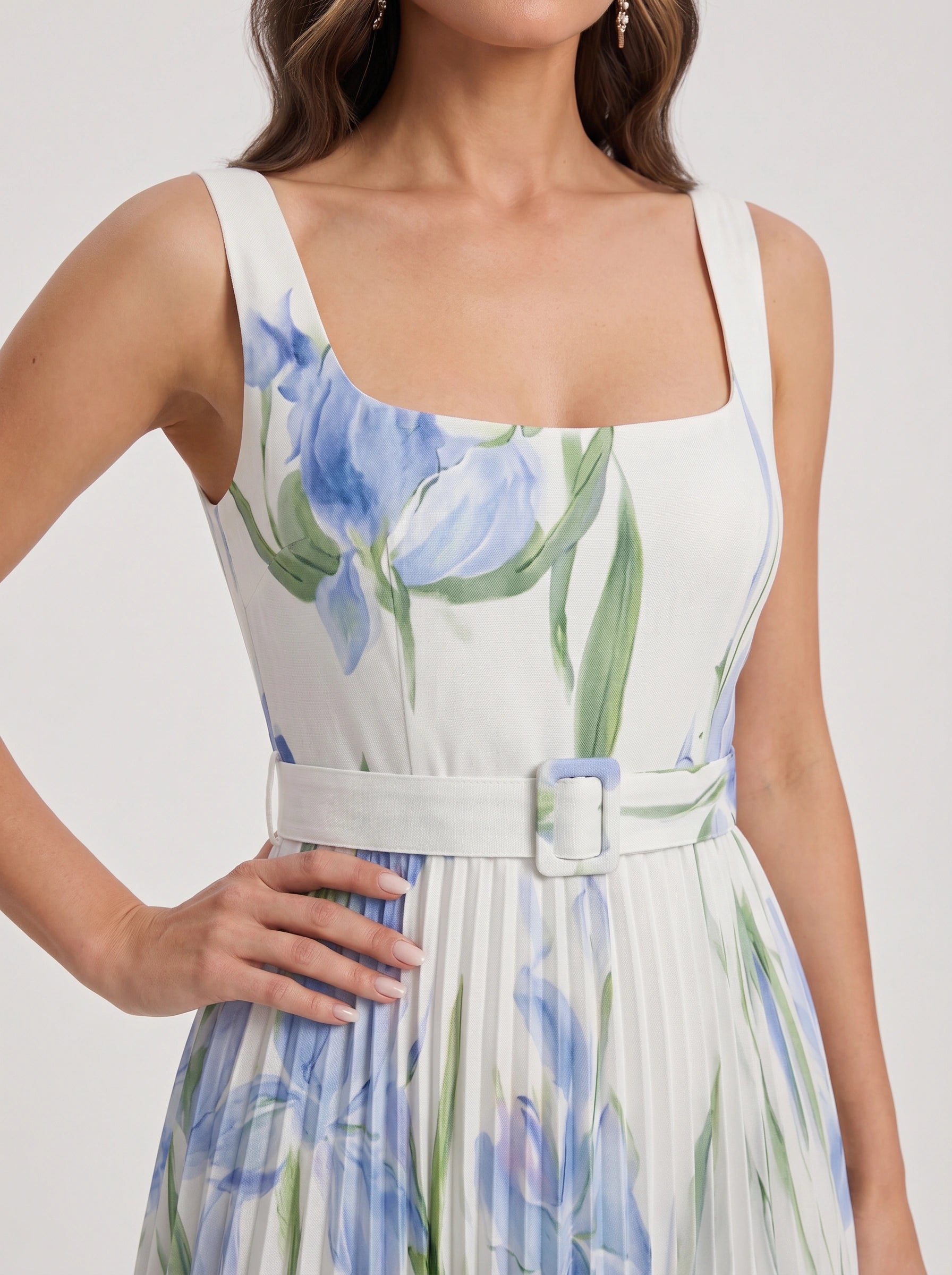 Tuliphe Pleated Belted Maxi Dress – Square Neck Floral Wedding Guest Women Summer Garden Party Maxi Dress