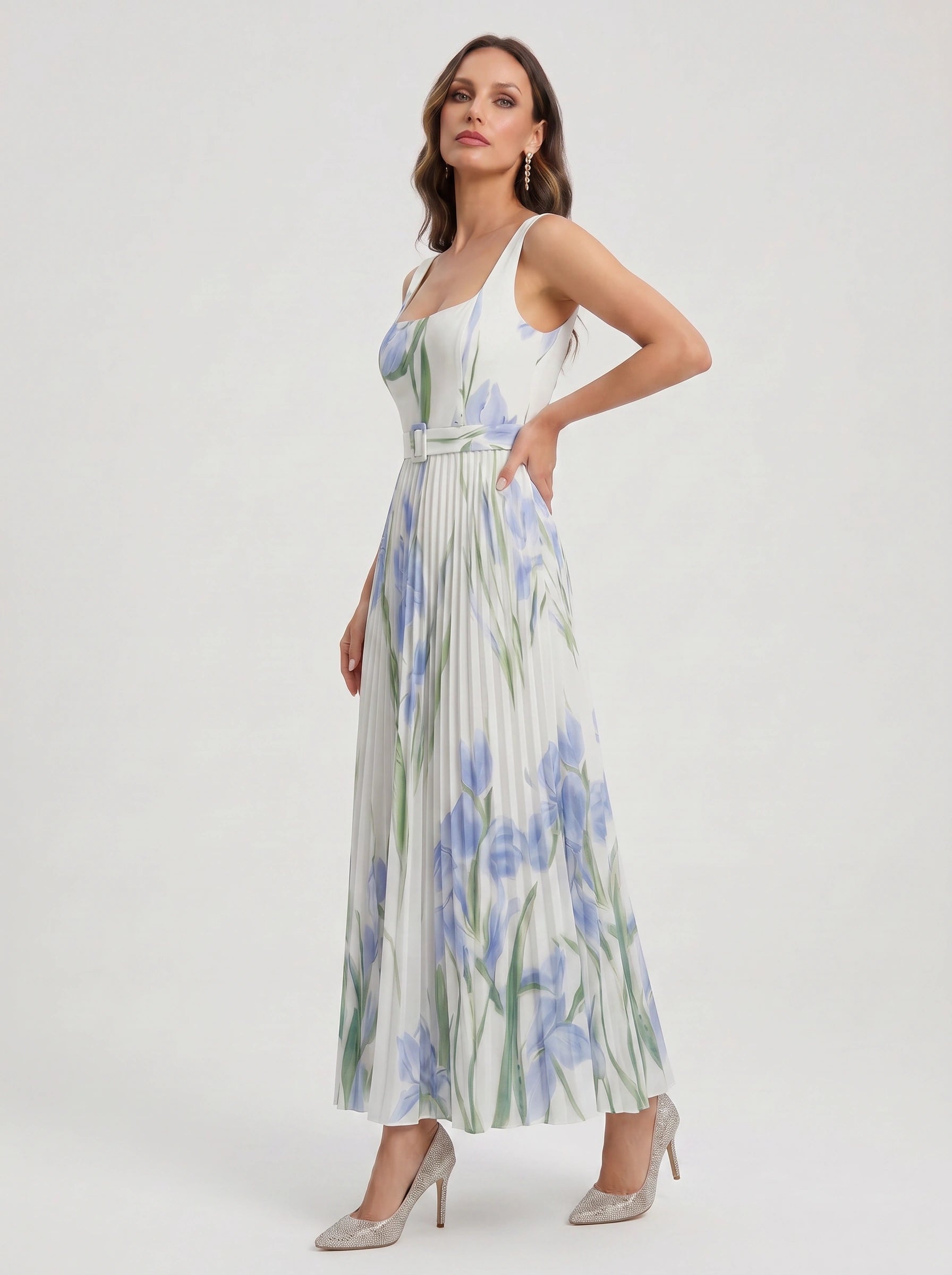 Tuliphe Pleated Belted Maxi Dress – Square Neck Floral Wedding Guest Women Summer Garden Party Maxi Dress