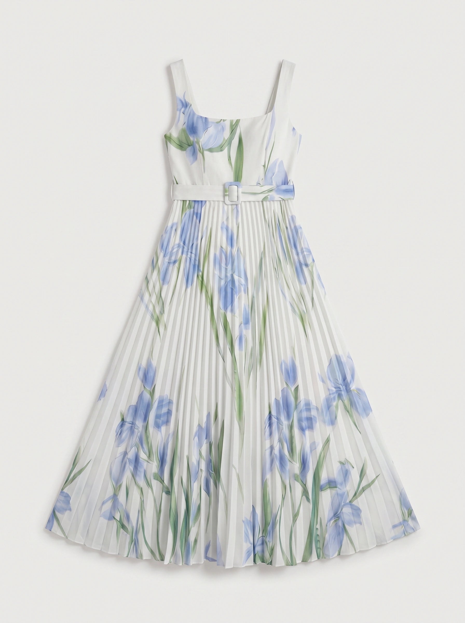 Tuliphe Pleated Belted Maxi Dress – Square Neck Floral Wedding Guest Women Summer Garden Party Maxi Dress