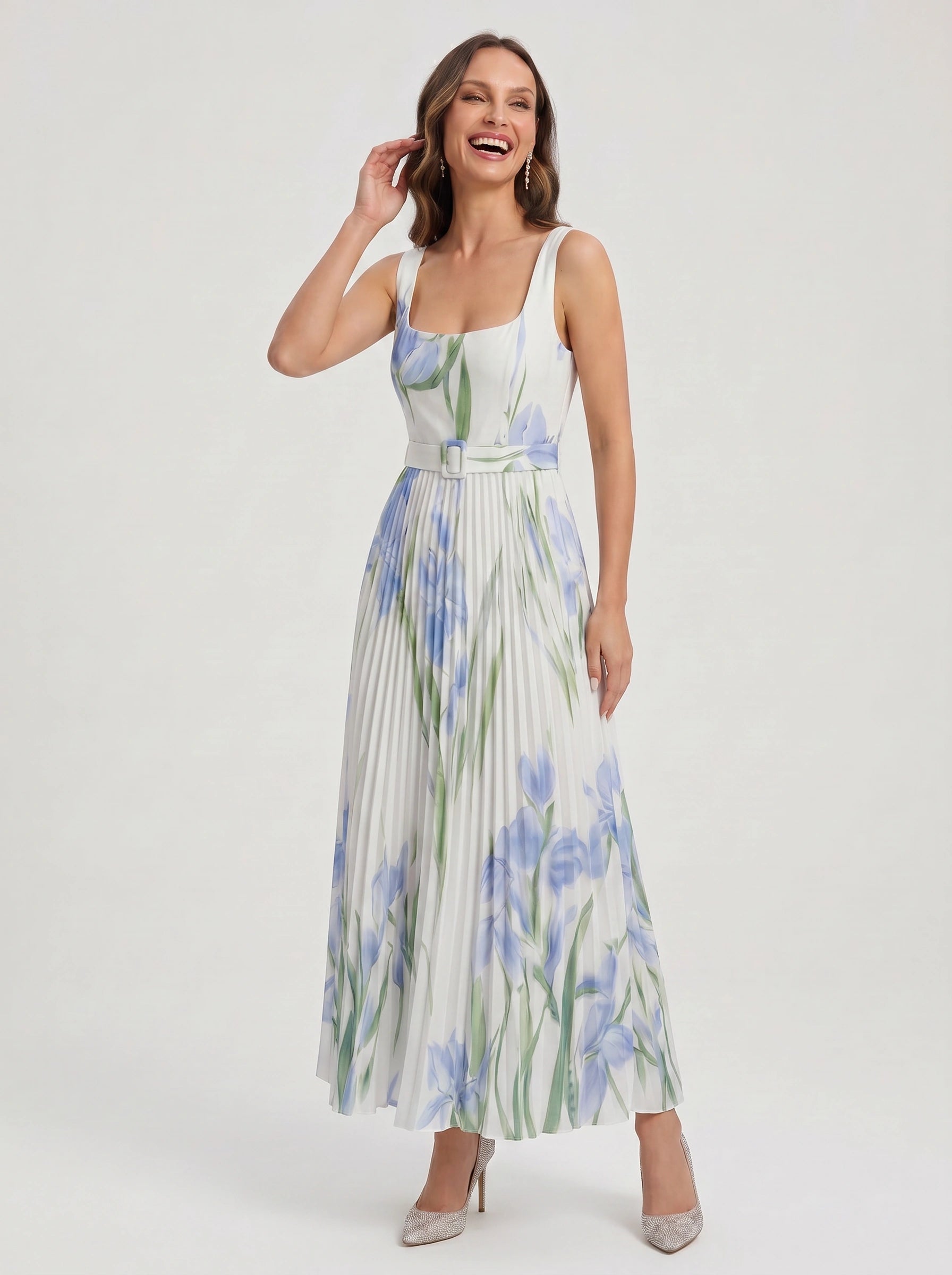 Tuliphe Pleated Belted Maxi Dress – Square Neck Floral Wedding Guest Women Summer Garden Party Maxi Dress