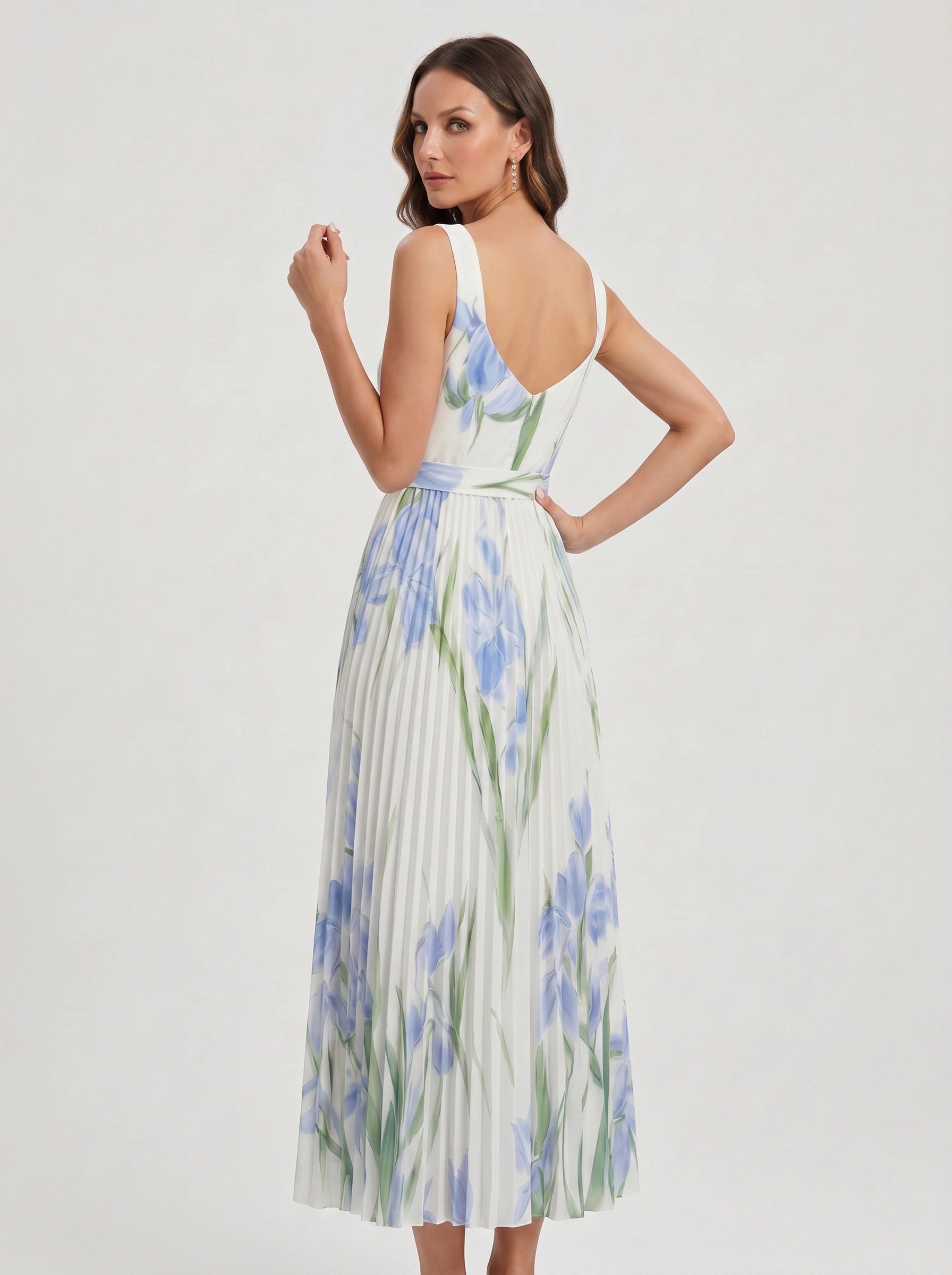 Tuliphe Pleated Belted Maxi Dress – Square Neck Floral Wedding Guest Women Summer Garden Party Maxi Dress