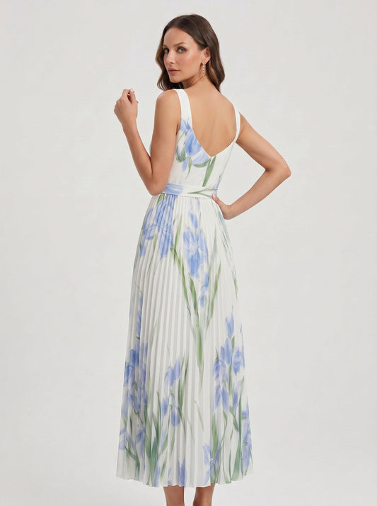 Tuliphe Pleated Belted Maxi Dress – Square Neck Floral Wedding Guest Women Summer Garden Party Maxi Dress