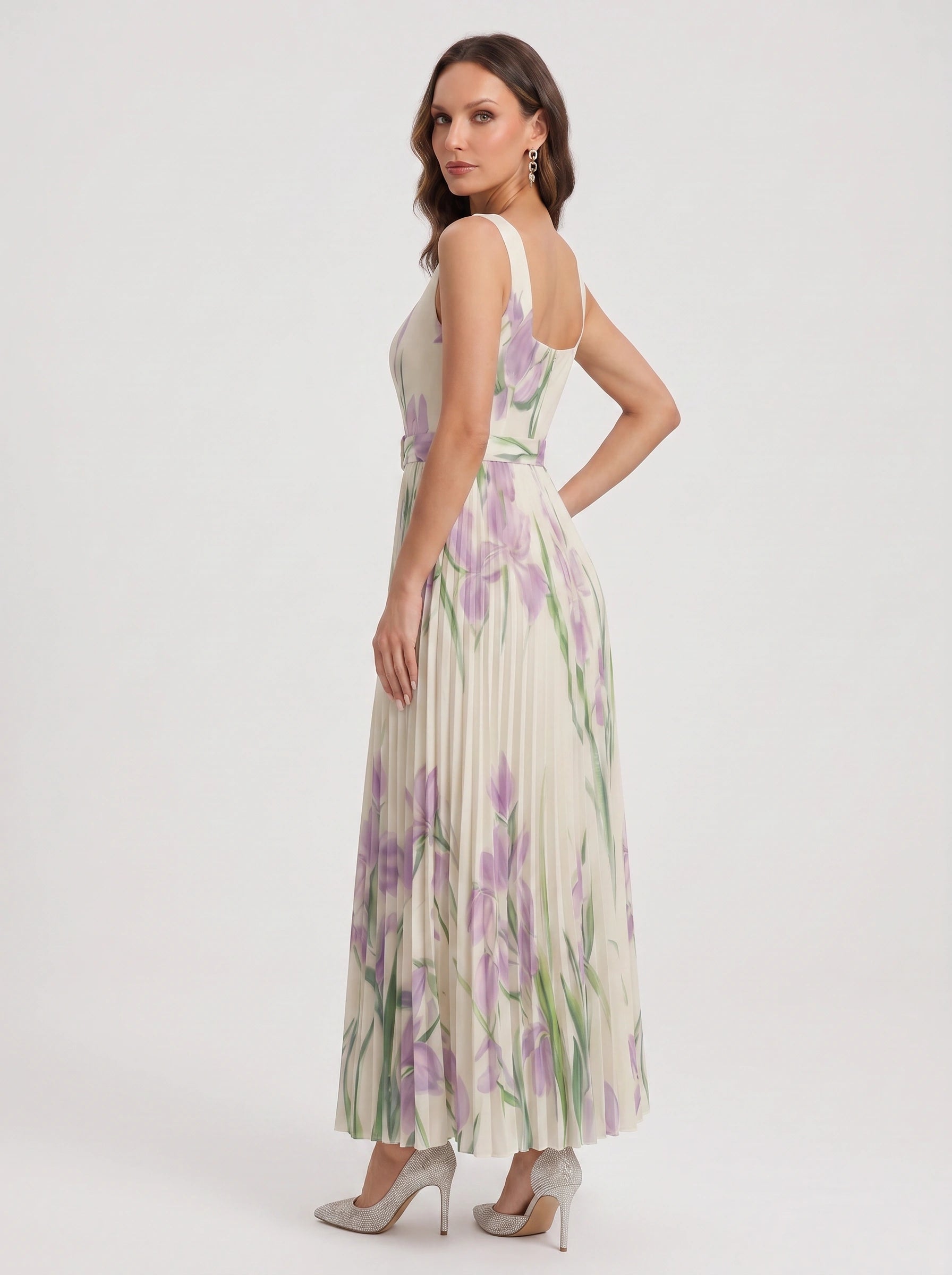 Tuliphe Pleated Belted Maxi Dress – Square Neck Floral Wedding Guest Women Summer Garden Party Maxi Dress