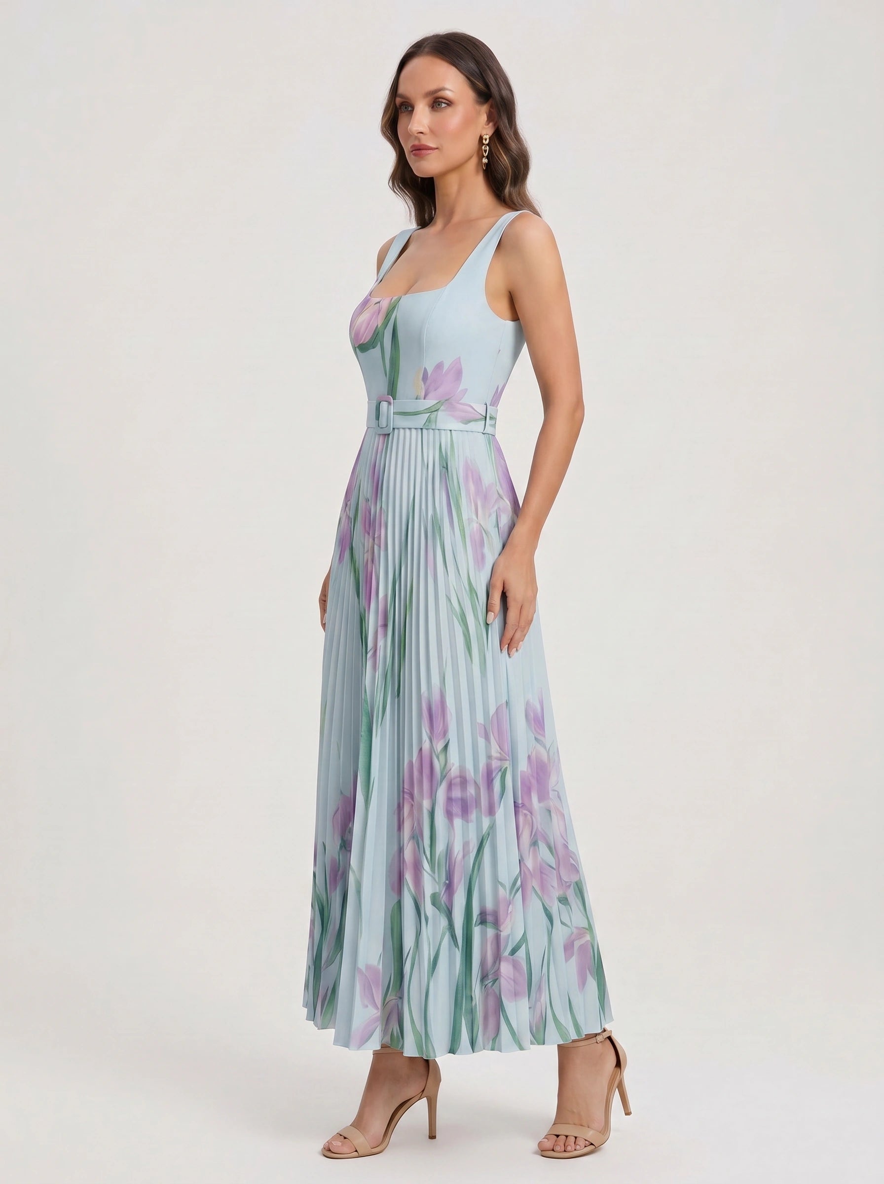 Tuliphe Pleated Belted Maxi Dress – Square Neck Floral Wedding Guest Women Summer Garden Party Maxi Dress